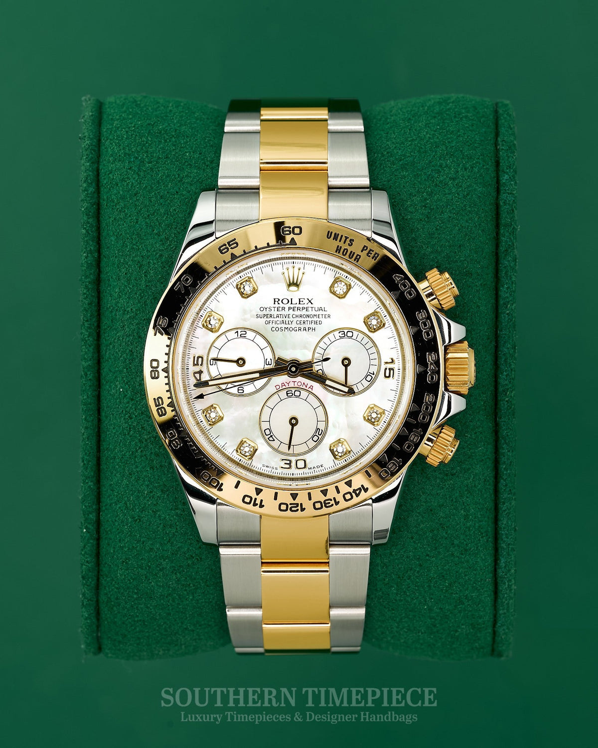 40mm Rolex Daytona with Rare Factory Mother of Pearl Diamond Dial in 18kt Yellow Gold and Stainless on Oyster (Ref: 116503)(Year: 2016)(Box & Papers)(SKU: W552133)