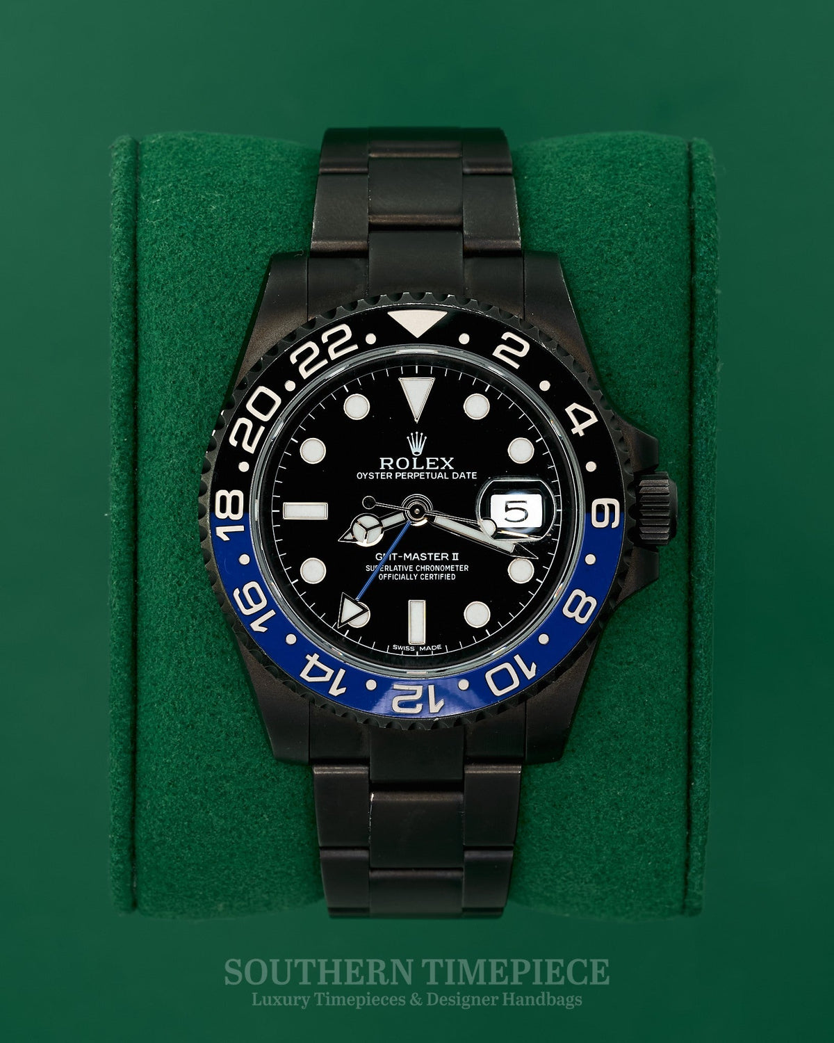 40mm Rolex GMT-Master II "Batman" PVD/DLC Coated with Blue and Black Bezel on Oyster (Ref: 116710BLNR)(Year: 2014+)(Box & Appraisal)