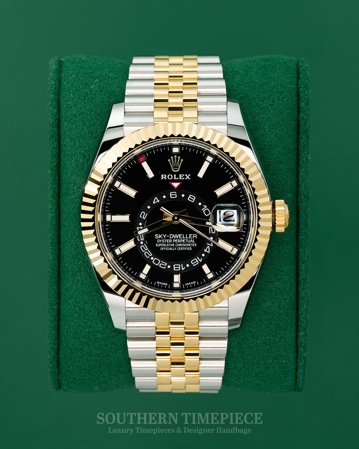 42mm Rolex Sky-Dweller with Black Dial in 18kt Yellow Gold and Stainless on Jubilee (Ref: 326933)(Year: 2022)(Box & Papers)