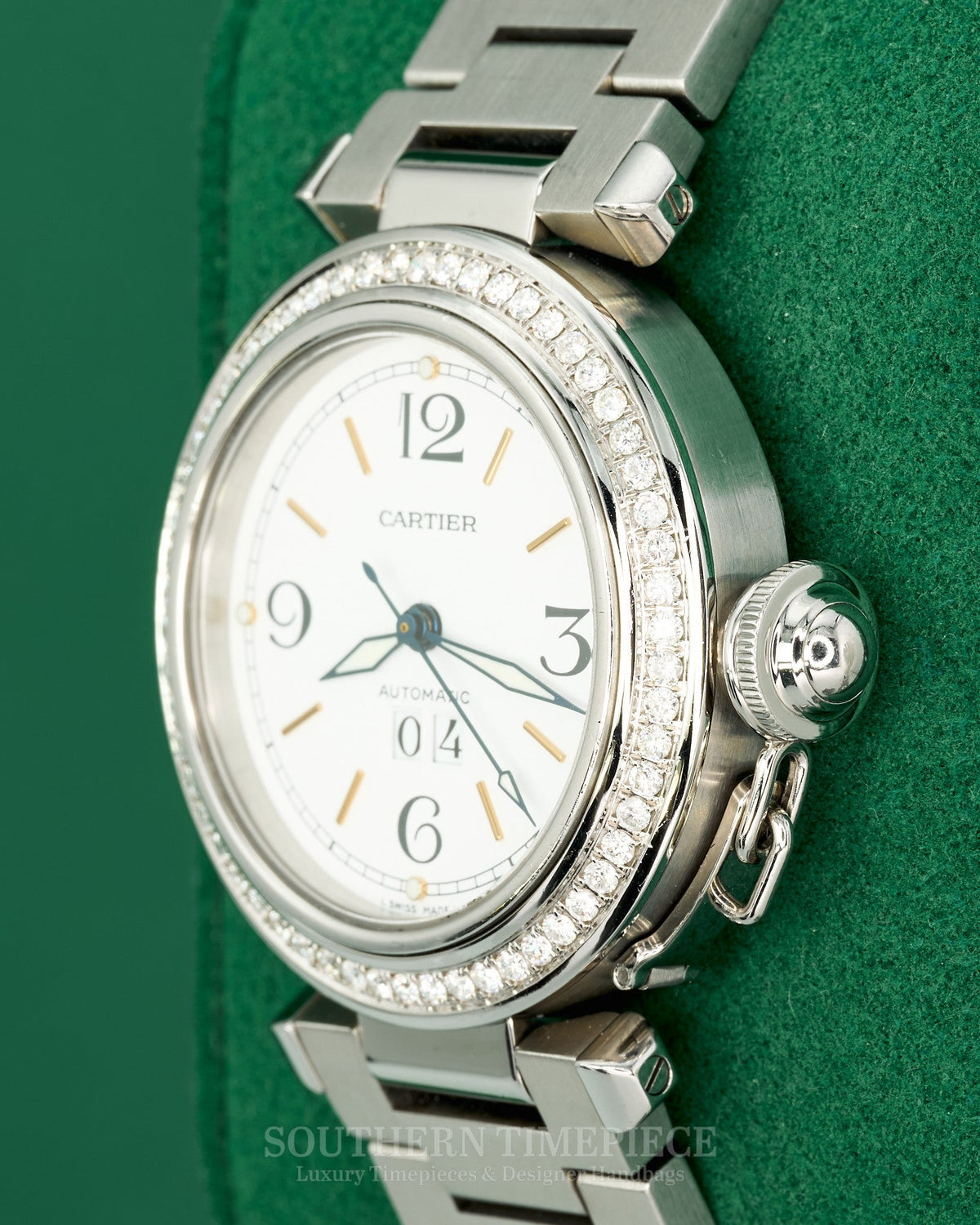 35mm Cartier Pasha Large in Stainless Steel with a White Dial and Custom Diamond Bezel (Ref: W31044M7)