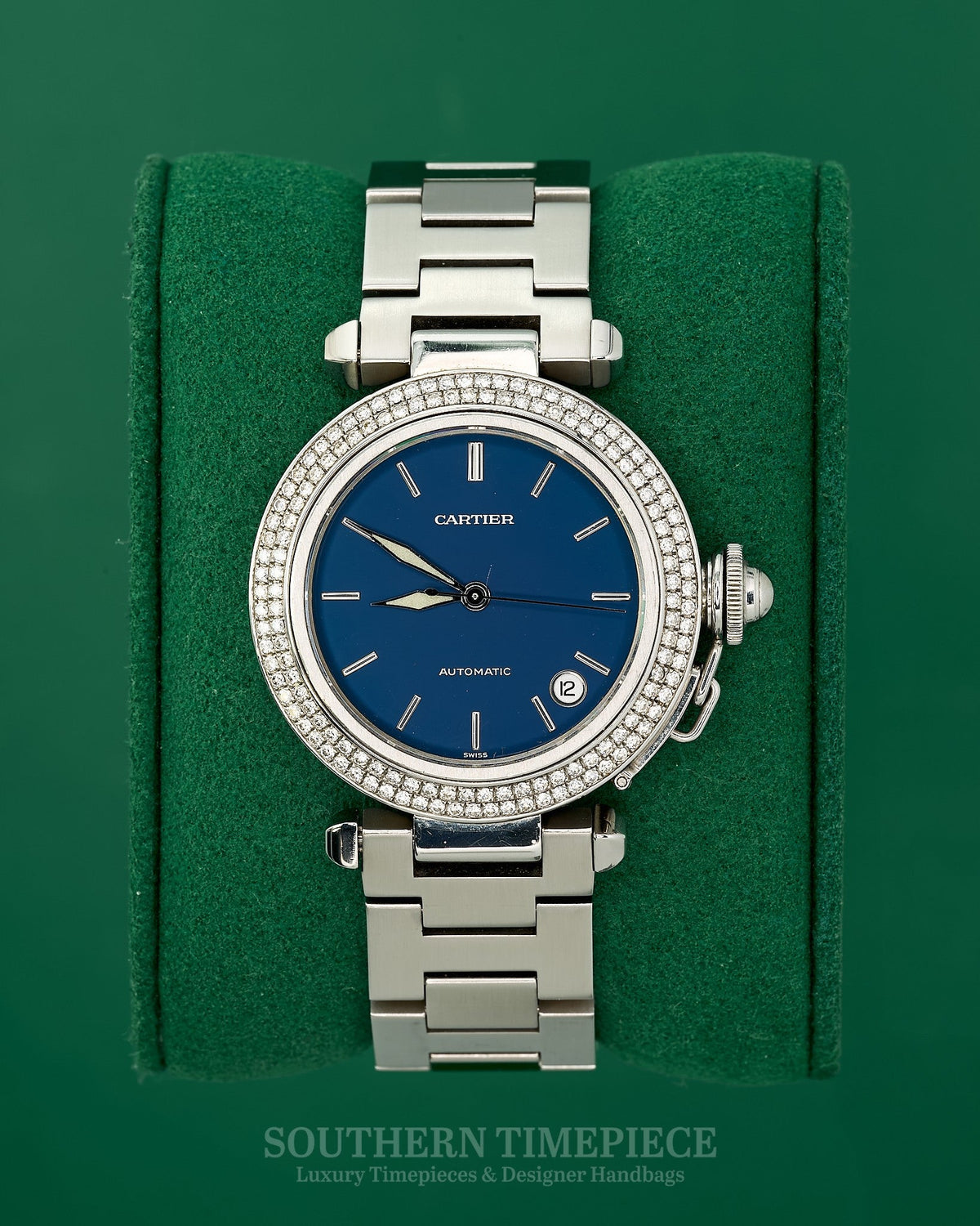 35mm Cartier Pasha Large in Stainless Steel with a Blue Dial and Custom Diamond Bezel (Ref: W31014M7)