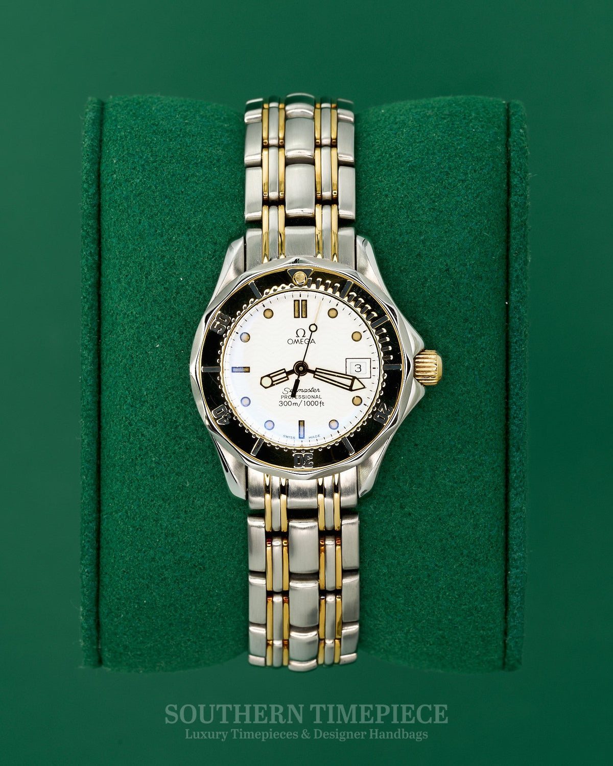 29mm Ladies Omega Seamaster 300 in 18kt Yellow Gold and Stainless with White Dial (Ref: 2382)(Year: 2011)(Box & Papers)