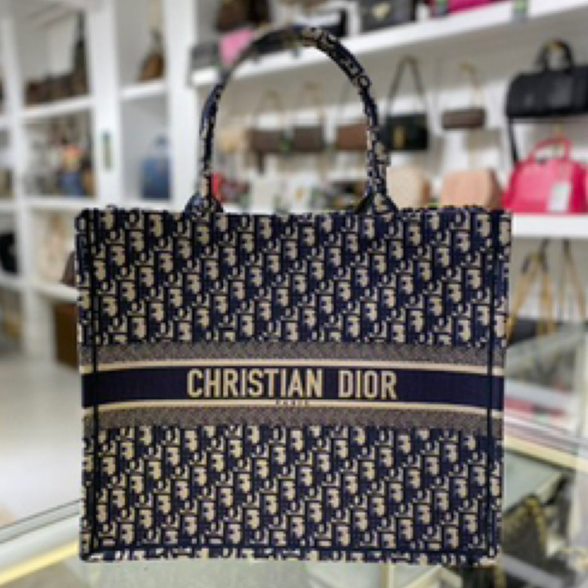 Christian Dior Book Tote Large - Navy Blue Oblique Embroidery