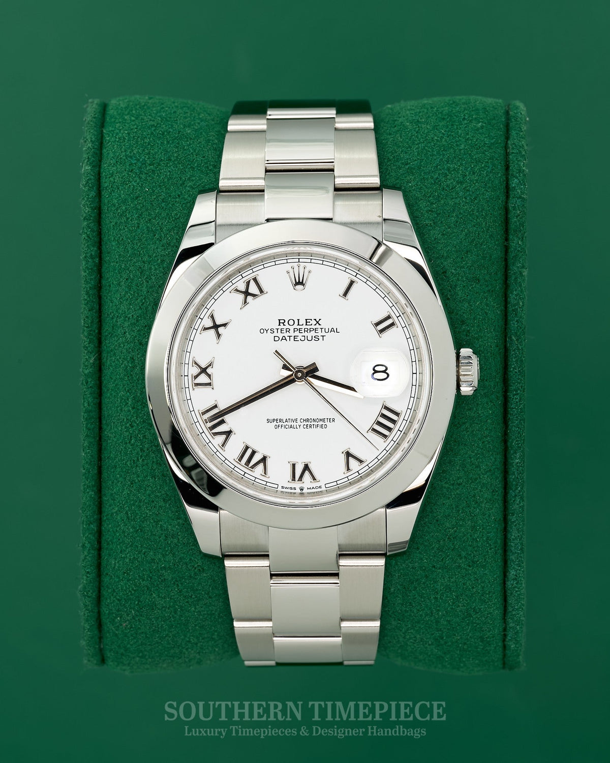 41mm Rolex Datejust with White Roman Numeral Dial and Smooth Bezel on Oyster (Ref: 126300)(Year: 2018)(Box & Papers)