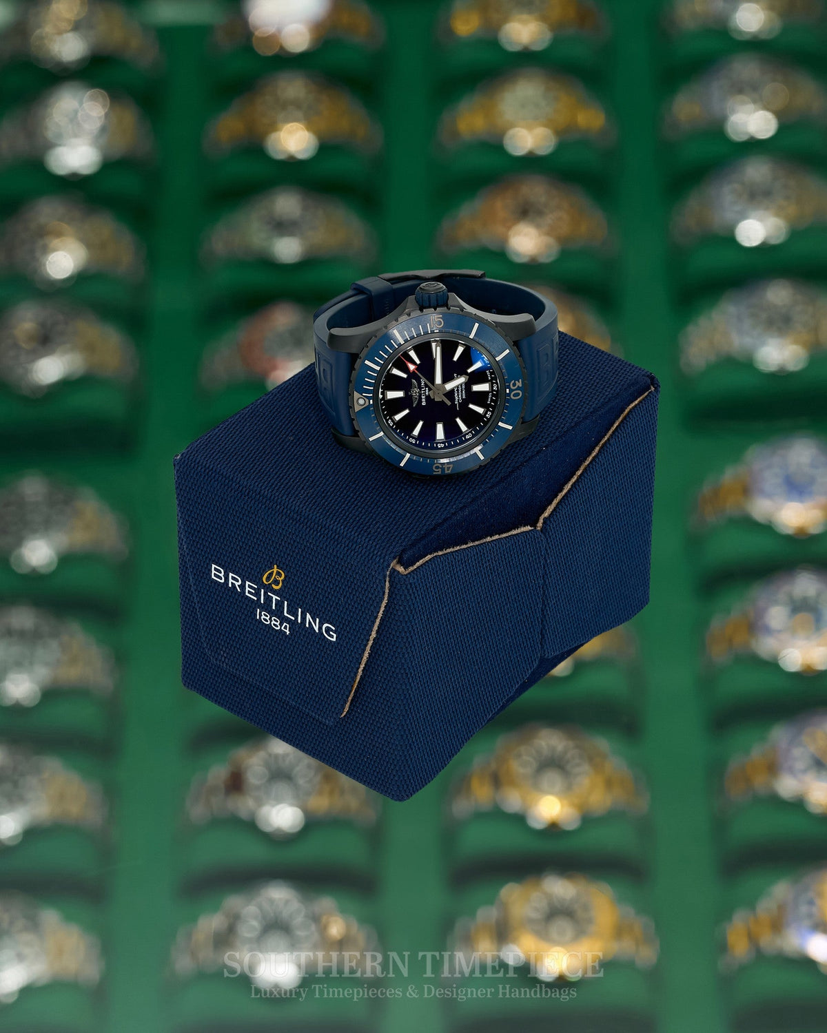 48mm Breitling SuperOcean Automatic with Blue Ombre Dial on Blue Rubber in DLC Coated Titanium (Ref: V17369)(Box)