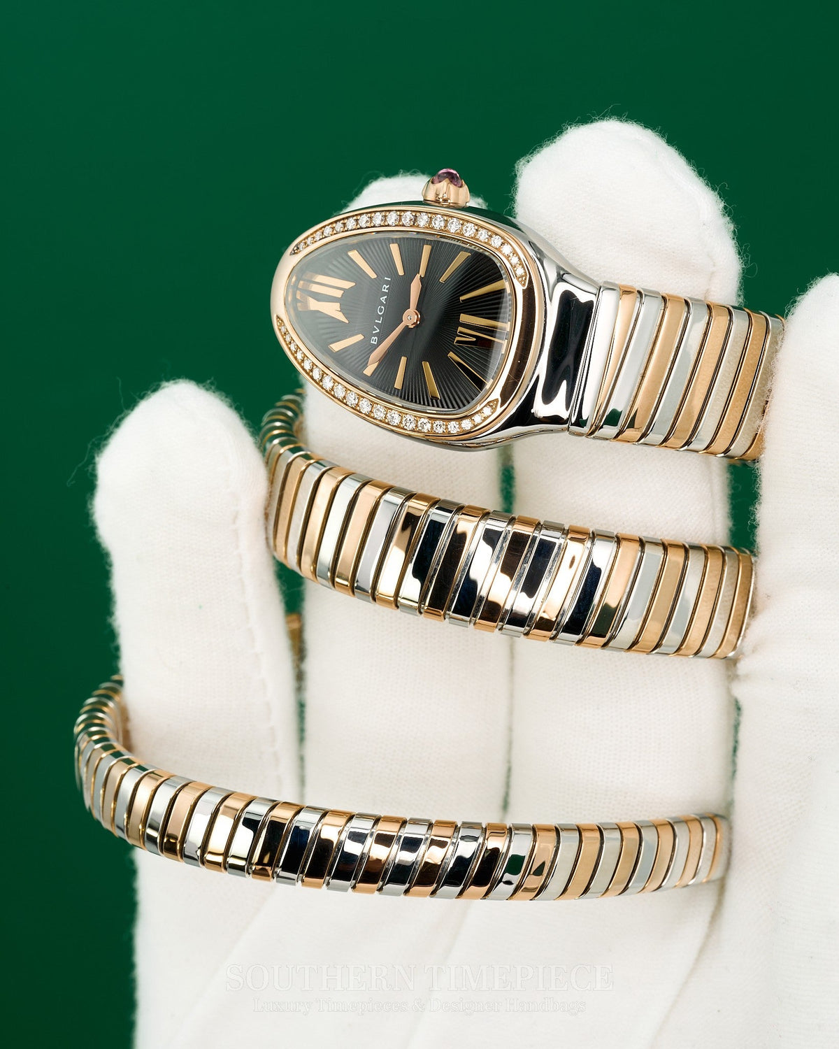 35mm Bvlgari Serpenti Tubogas with Black Dial in 18kt Rose Gold and Steel- Double Spiral Bracelet and Diamonds (Ref: 102099)(Year: 2018)(Box & Papers)