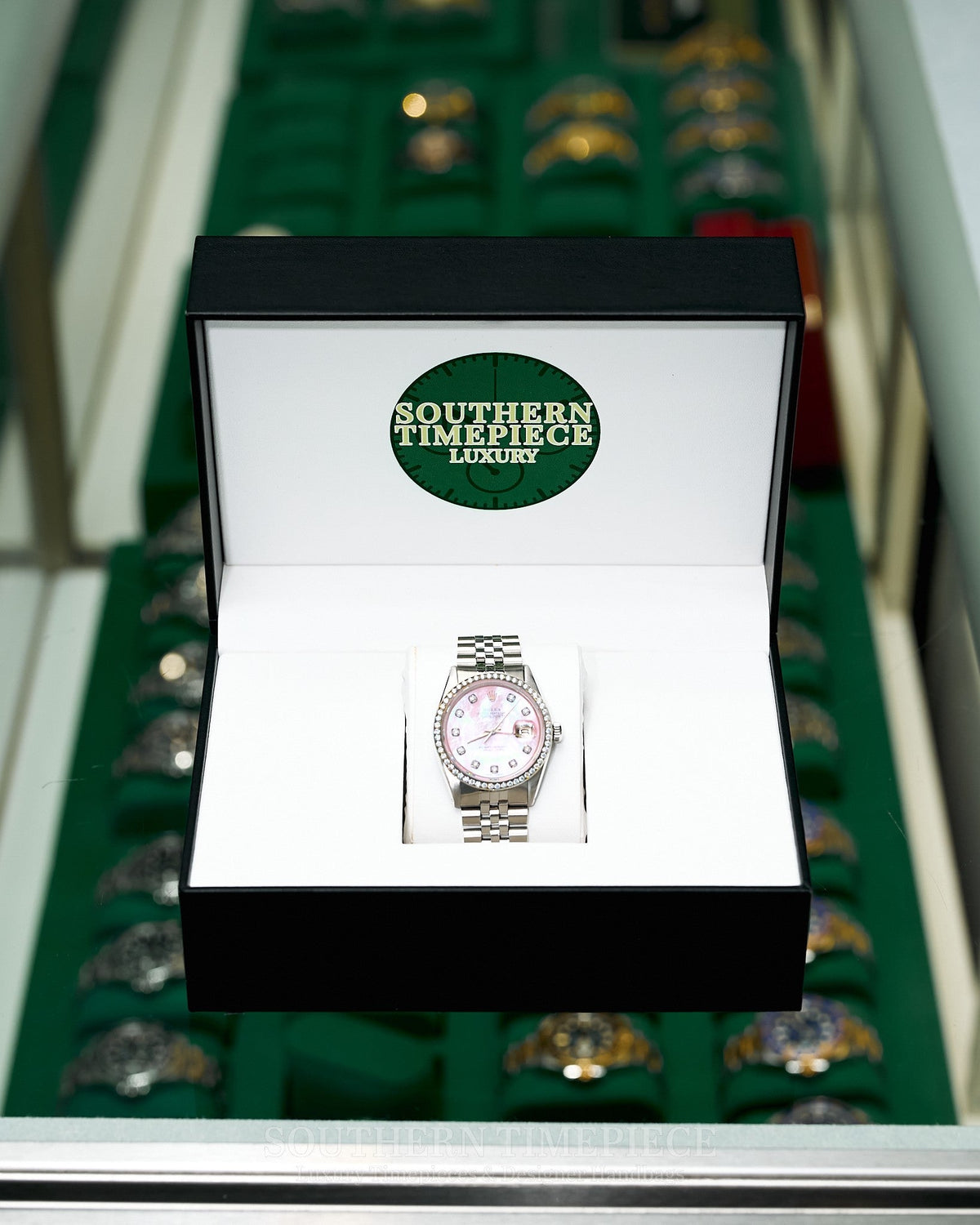 36mm Rolex Datejust in Stainless Steel with Custom Pink Mother of Pearl Diamond Dial and Diamond Bezel (Ref: 16014)(Year: 1981)