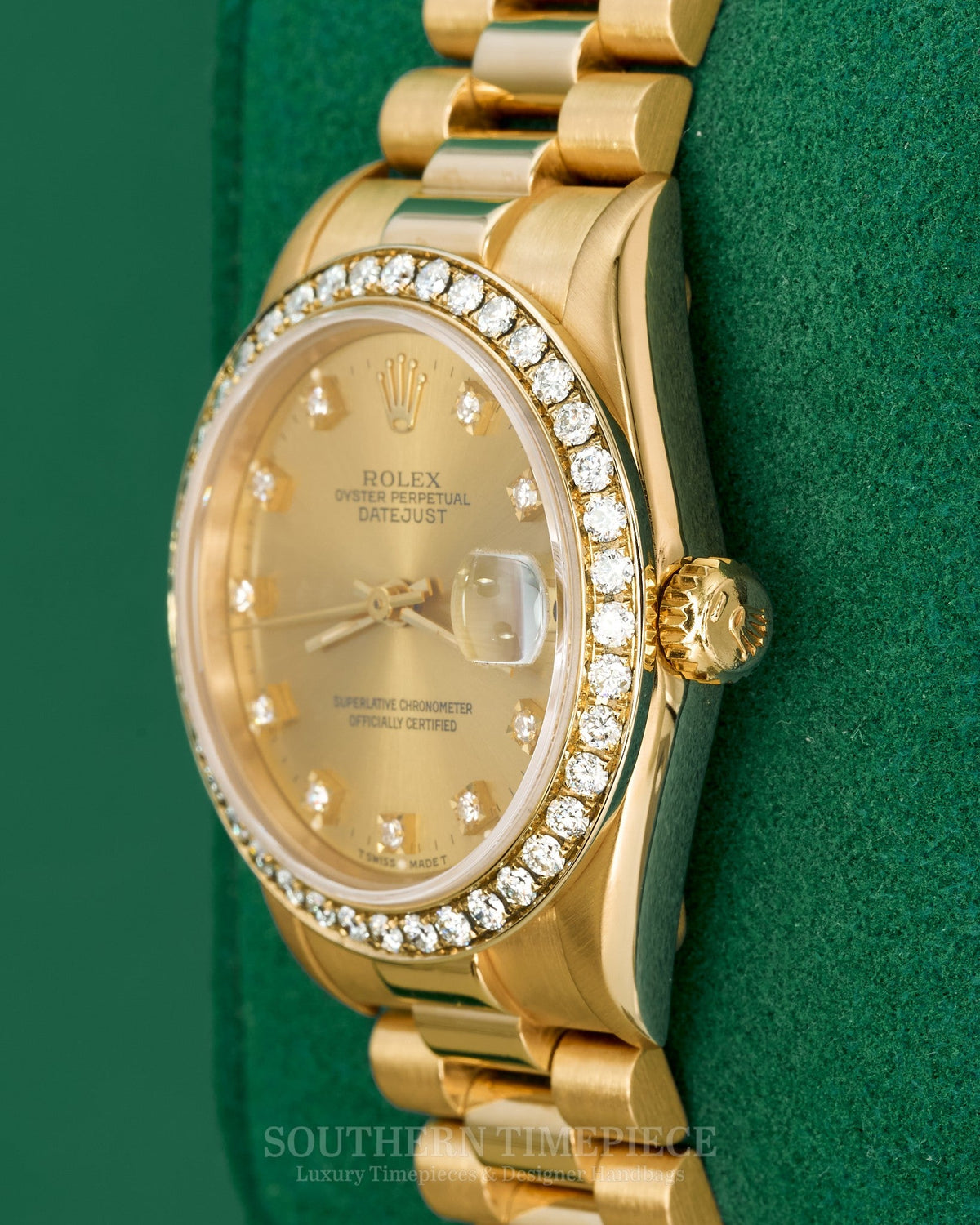 31mm Rolex Datejust "Ladies President" in Solid 18kt Yellow Gold with Factory Champagne Diamond Dial and Custom Diamond Bezel (Ref: 68278)(Year: 1993)