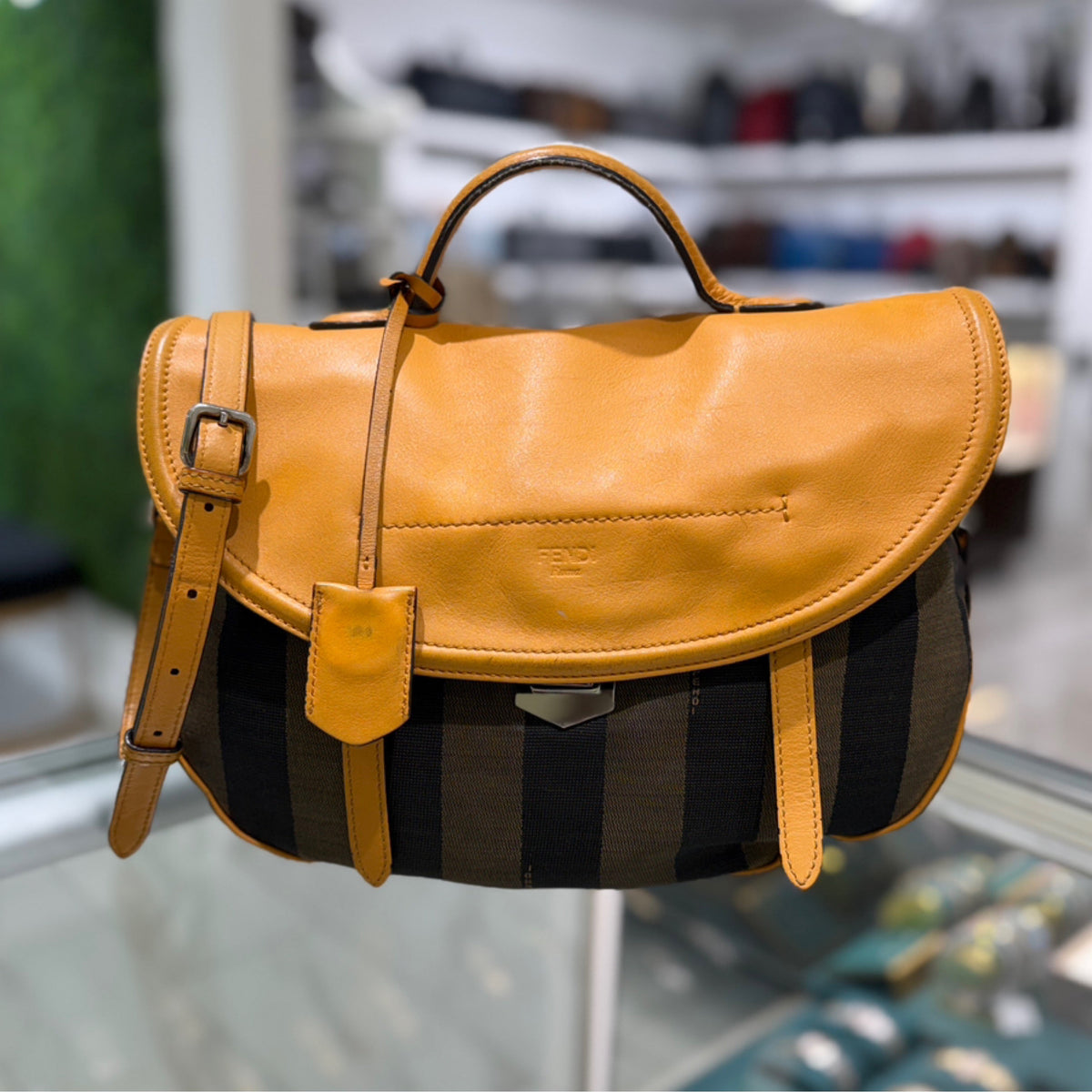 Fendi Pequin Top Handle Crossbody - Leather & Striped Canvas