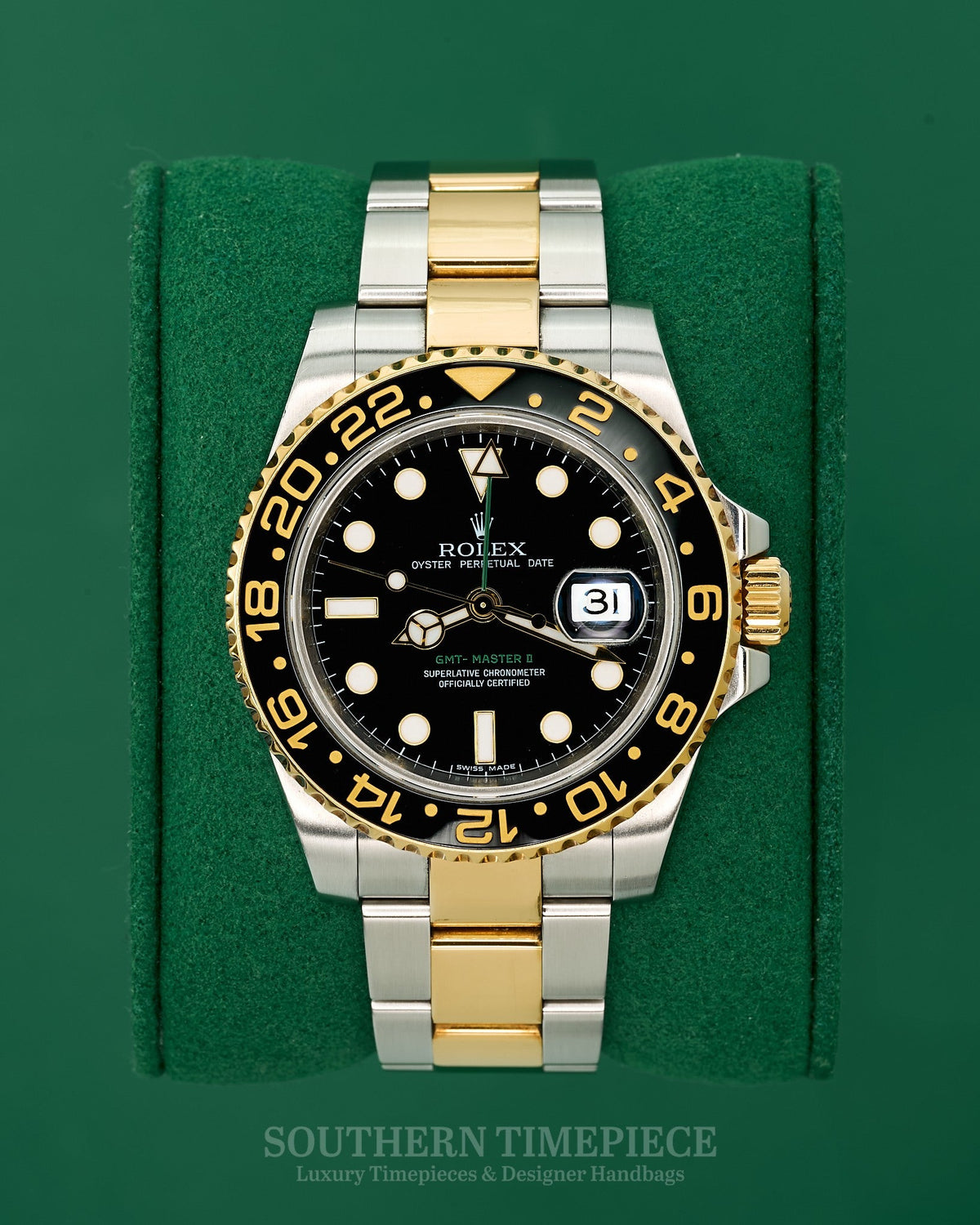 40mm Rolex GMT-Master II Black/Black in 18kt Yellow Gold and Stainless on Oyster (Ref: 116713LN)(Year: 2009)(Box & Papers)