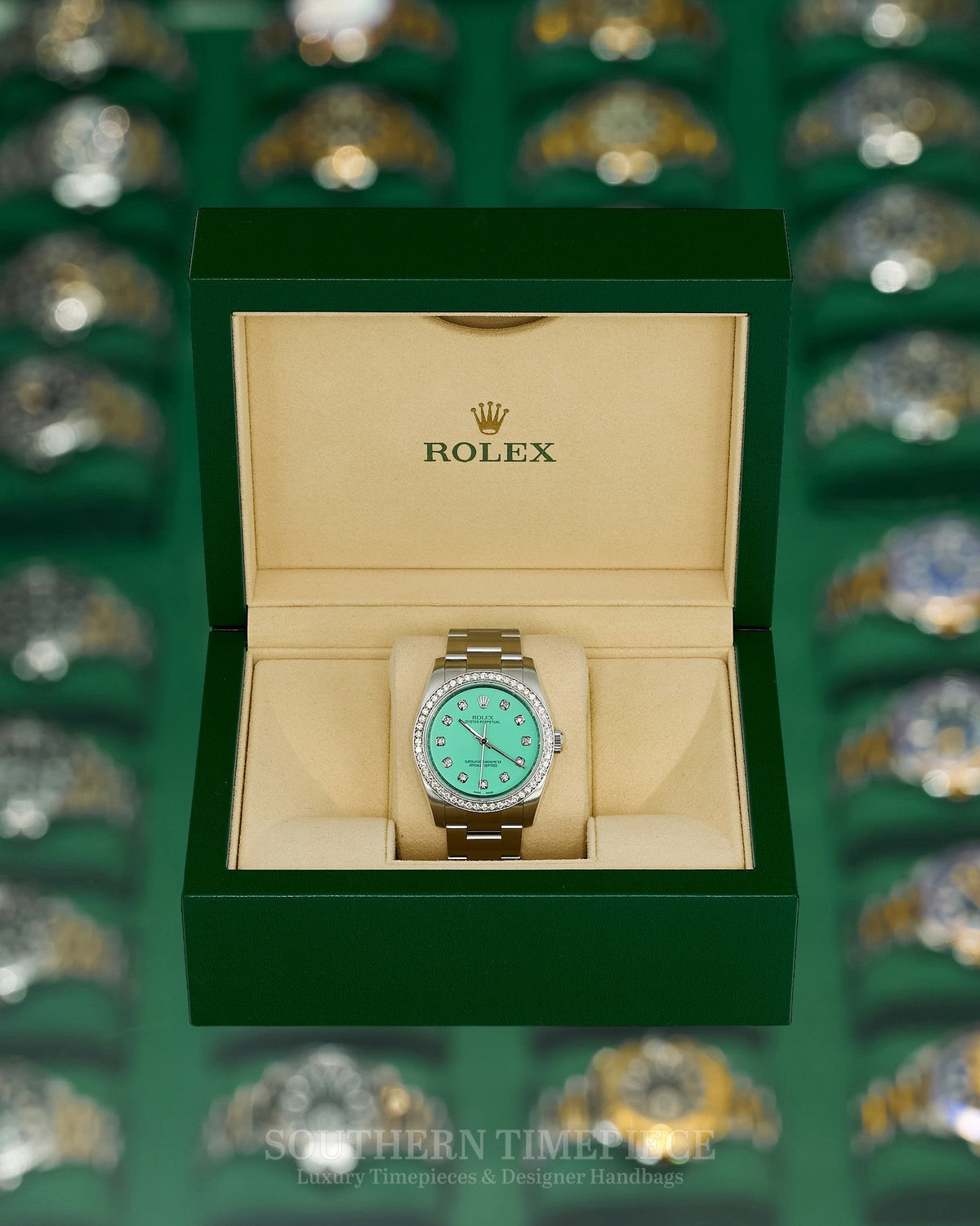 36mm Rolex Oyster Perpetual with a Custom Tiffany Blue Diamond Dial and Diamond Bezel on Oyster (Ref: 116000)(Year: 2008)