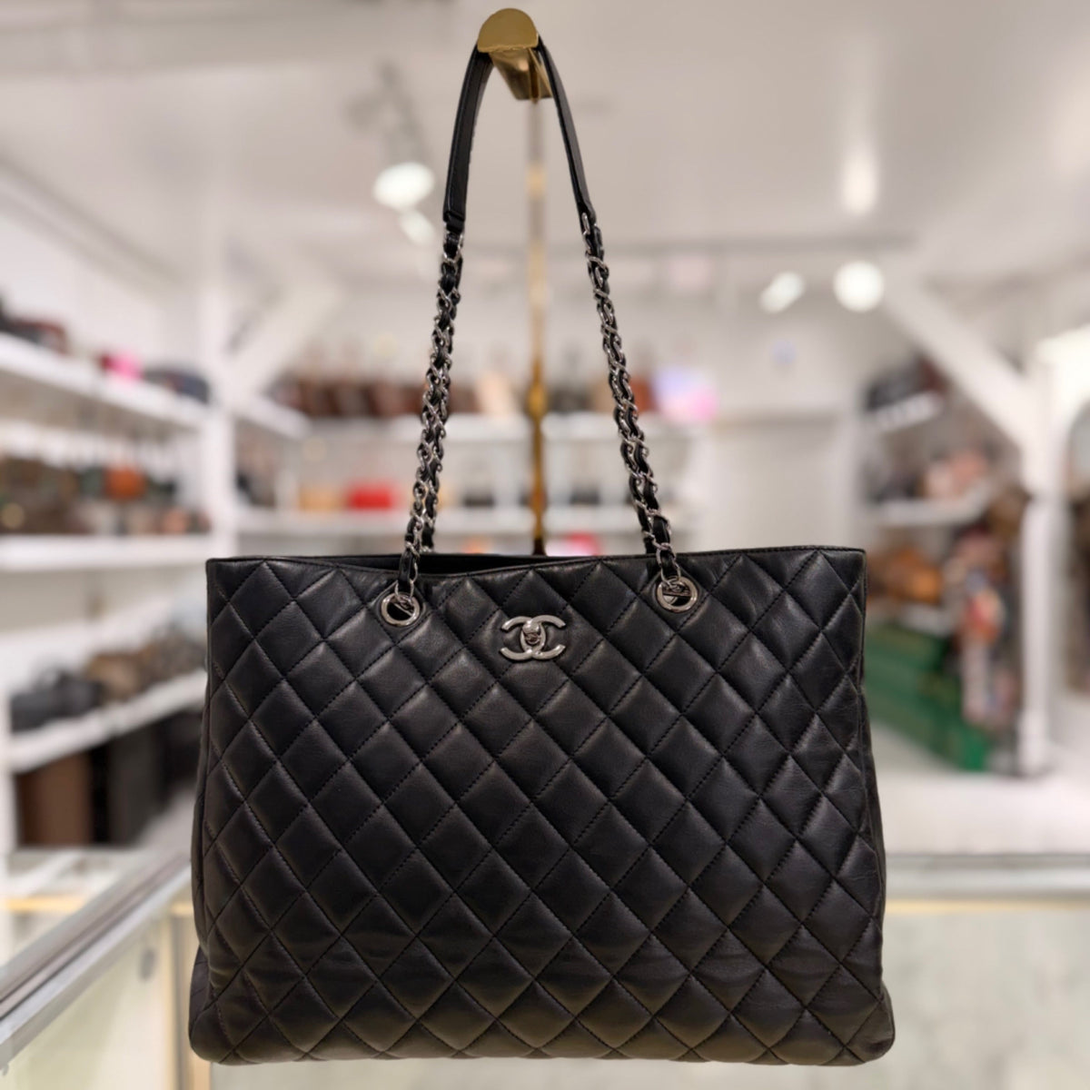 Chanel Classic Shopping Tote - Black Quilted Lambskin & Silver Hardware (2015-2016)