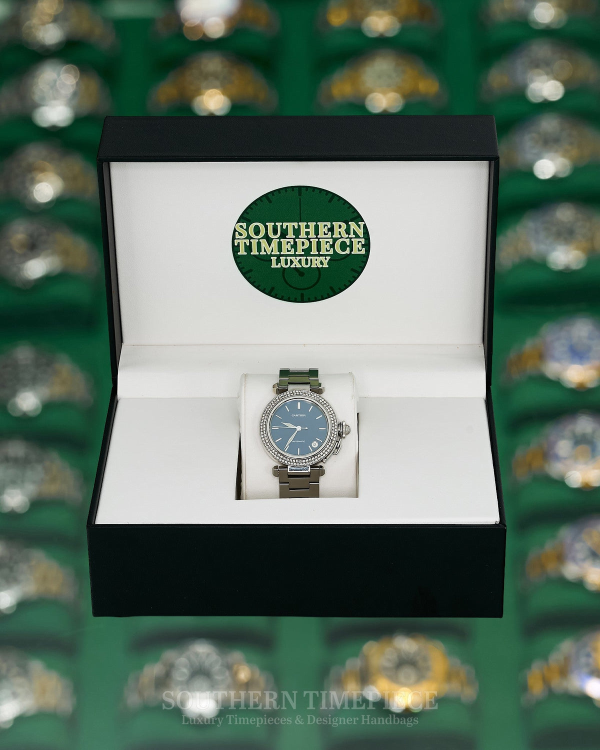 35mm Cartier Pasha Large in Stainless Steel with a Blue Dial and Custom Diamond Bezel (Ref: W31014M7)