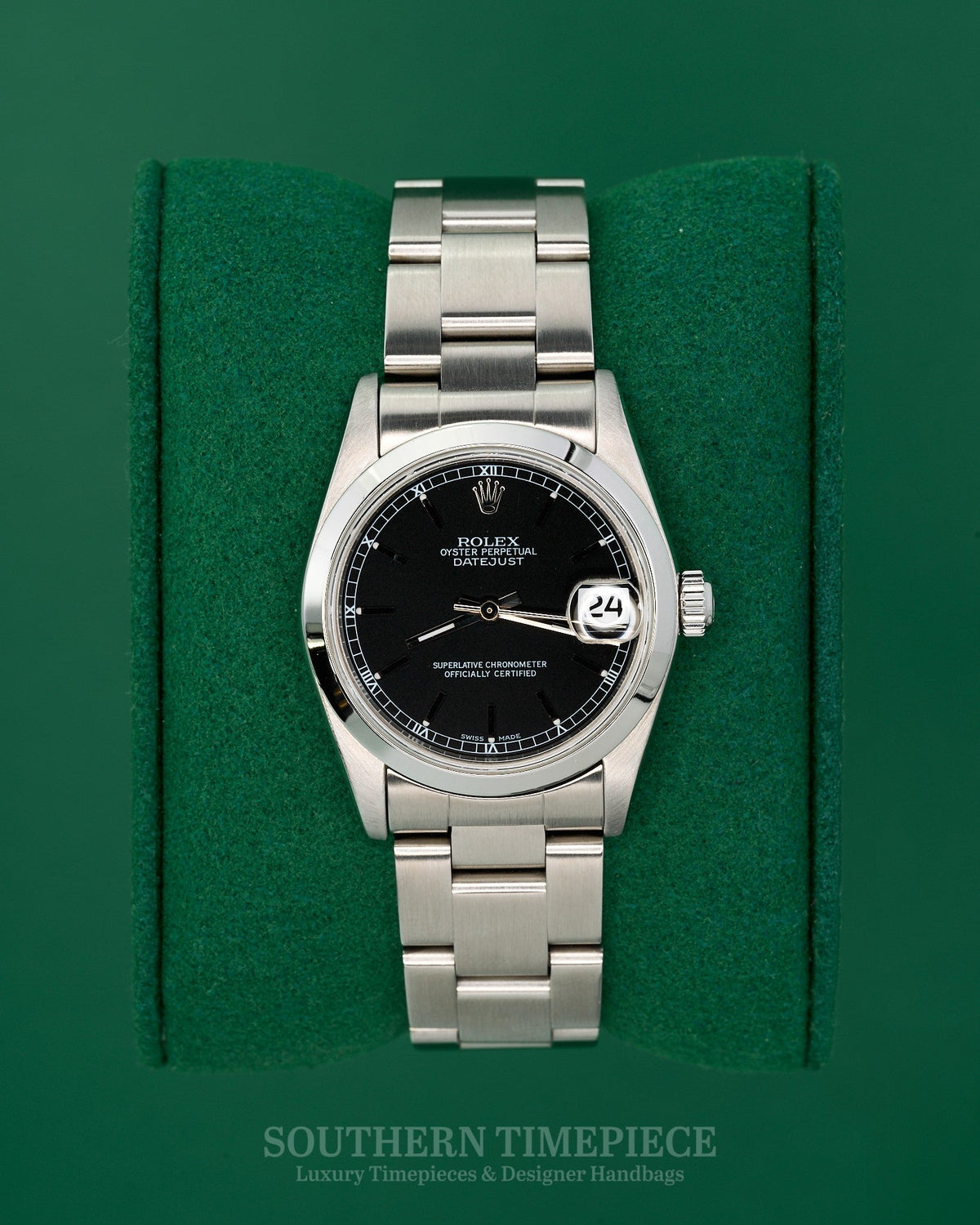 31mm Rolex Datejust in Stainless Steel with Black Stick Dial and Smooth Bezel on Oyster Bracelet (Ref: 78240)(Year: 2005)(Papers)