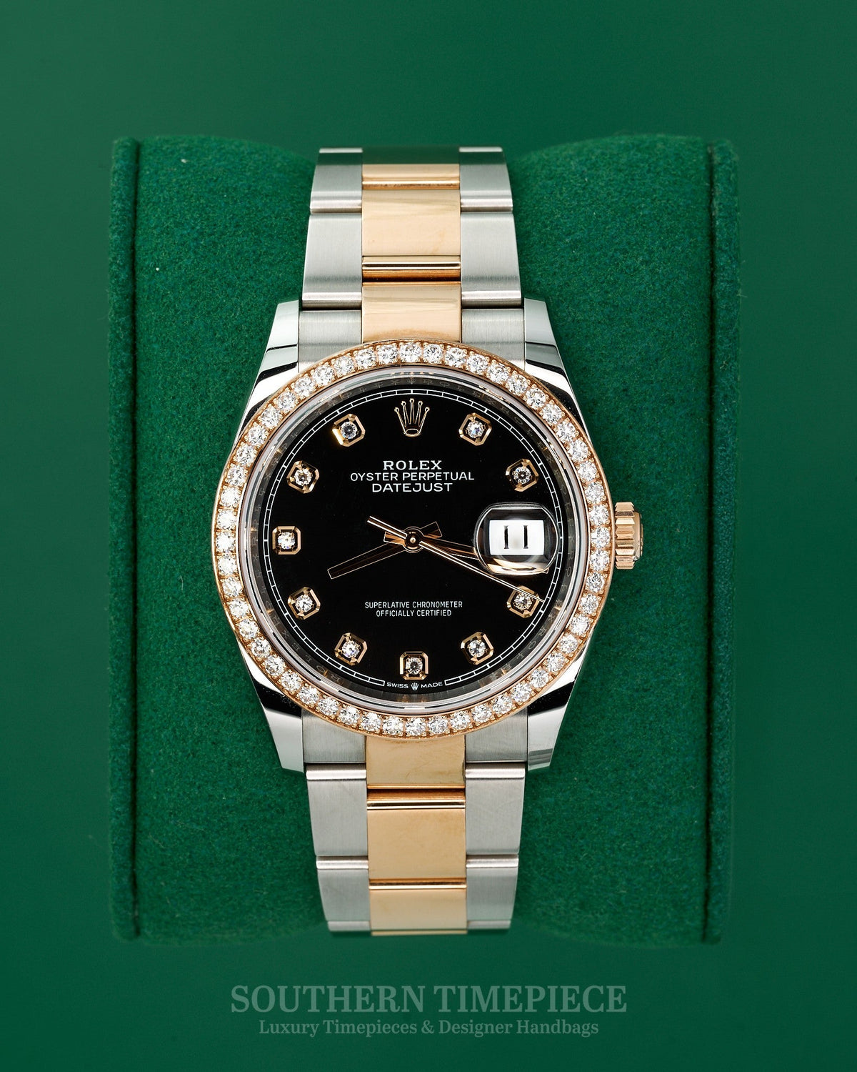 36mm Rolex Datejust in 18kt Everose Gold and Stainless with Factory Black Diamond Dial and Diamond Bezel (Ref: 126281RBR)(Year: 2020+)