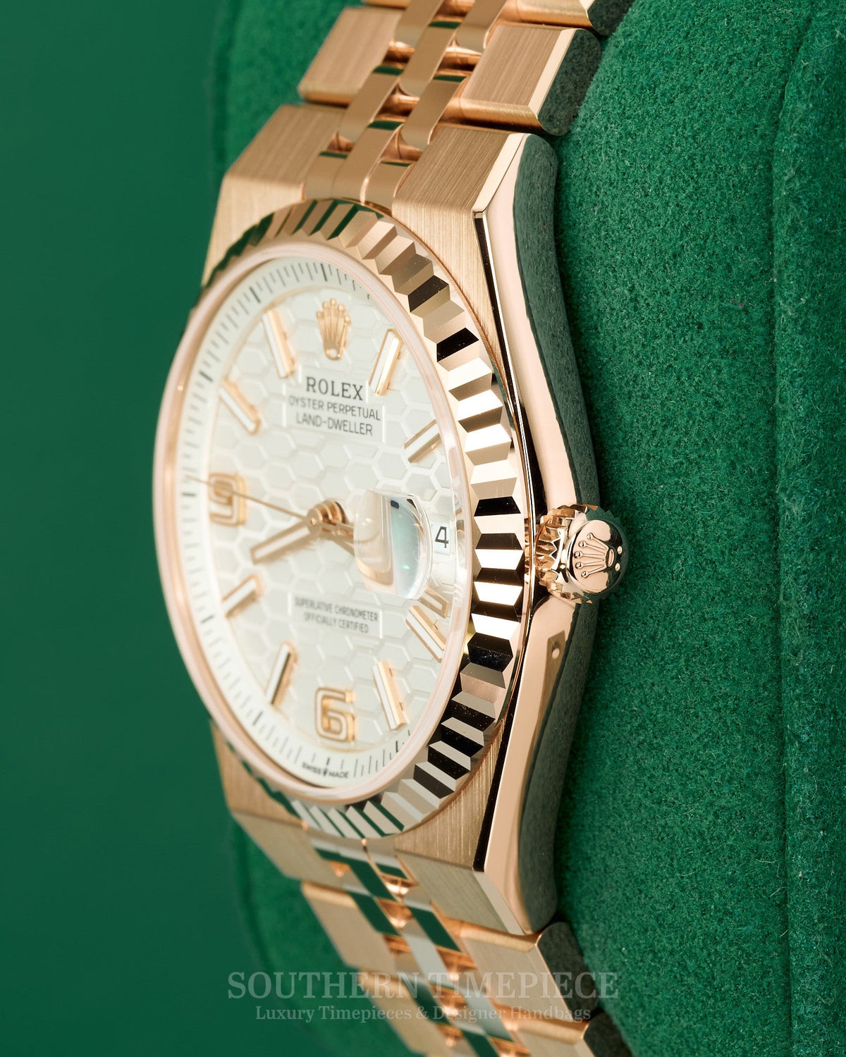 Brand New 2026 36mm Rolex Land-Dweller in Solid 18kt Rose Gold with White Honeycomb-Motif Dial (Ref: 127235)(Year: 2026)(Box & Papers)