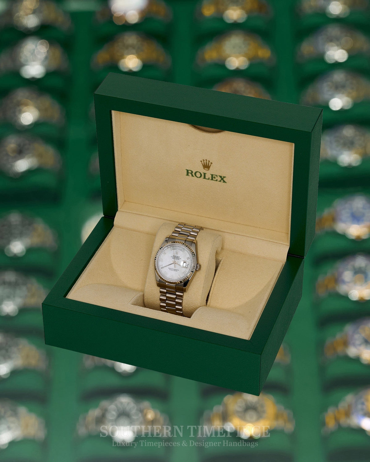 36mm Rolex Day-Date "President" in Solid 18kt White Gold w/ Custom Mother of Pearl Roman Dial (Ref: 118209)(Year: 2000)