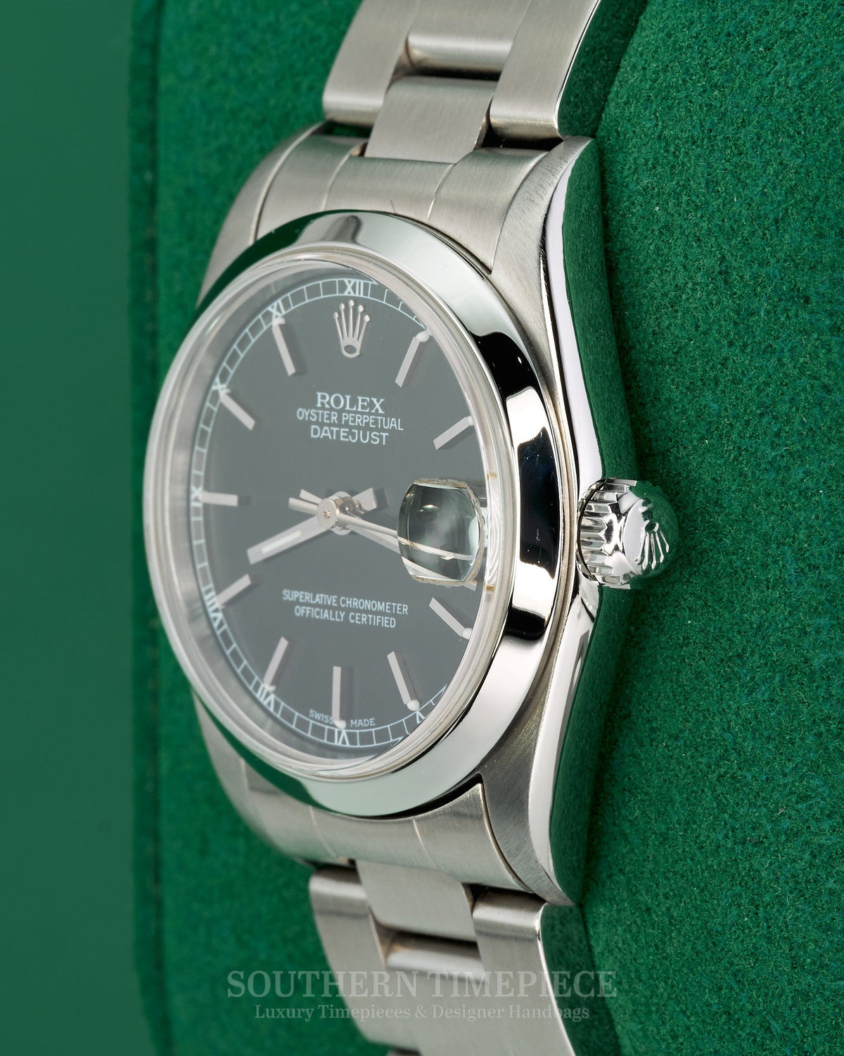 31mm Rolex Datejust in Stainless Steel with Black Stick Dial and Smooth Bezel on Oyster Bracelet (Ref: 78240)(Year: 2005)(Papers)