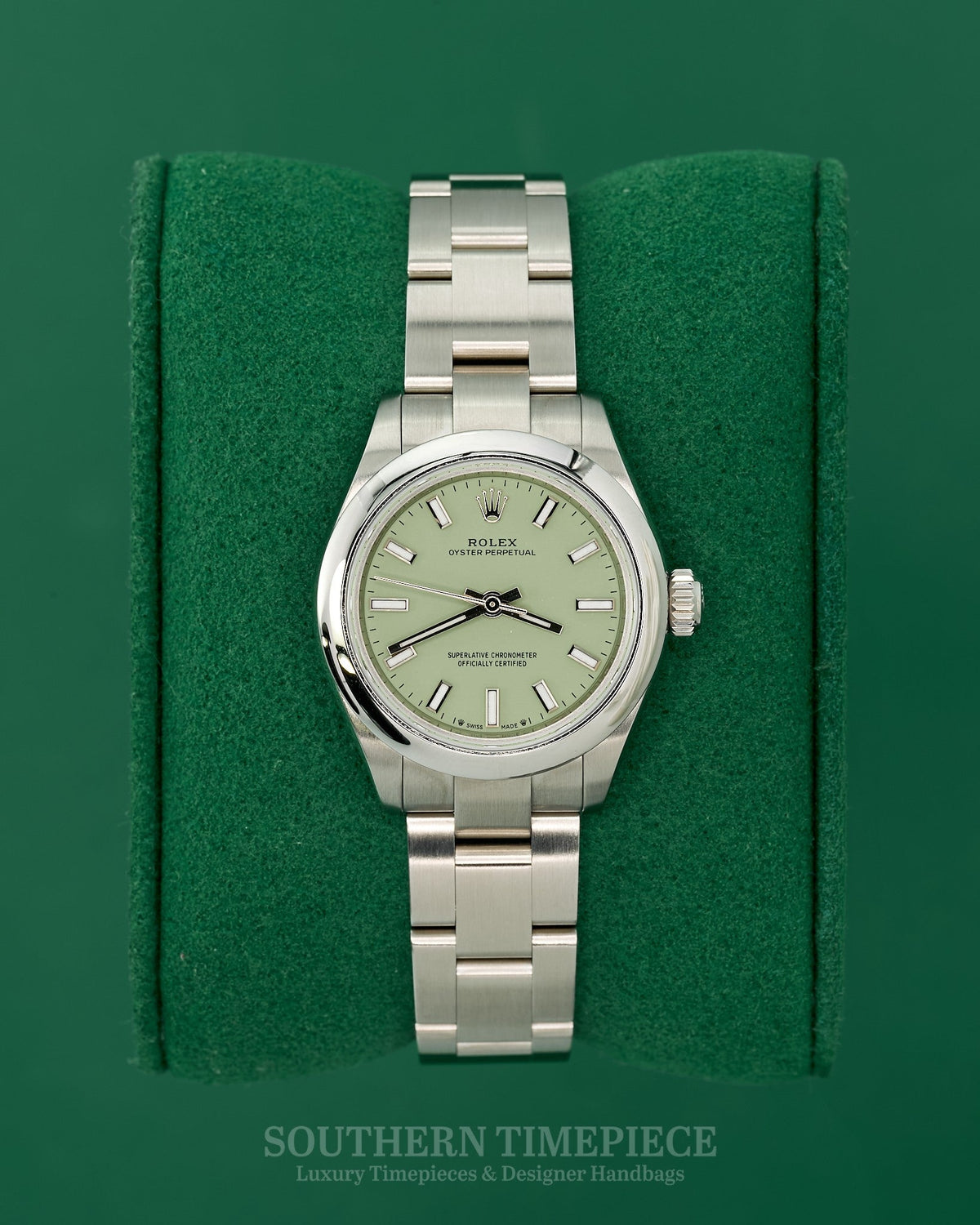 Brand New 2026 28mm Rolex Oyster Perpetual "Pistachio" in Stainless Steel on Oyster (Ref: 276200)(Year: 2026)(Box & Papers)