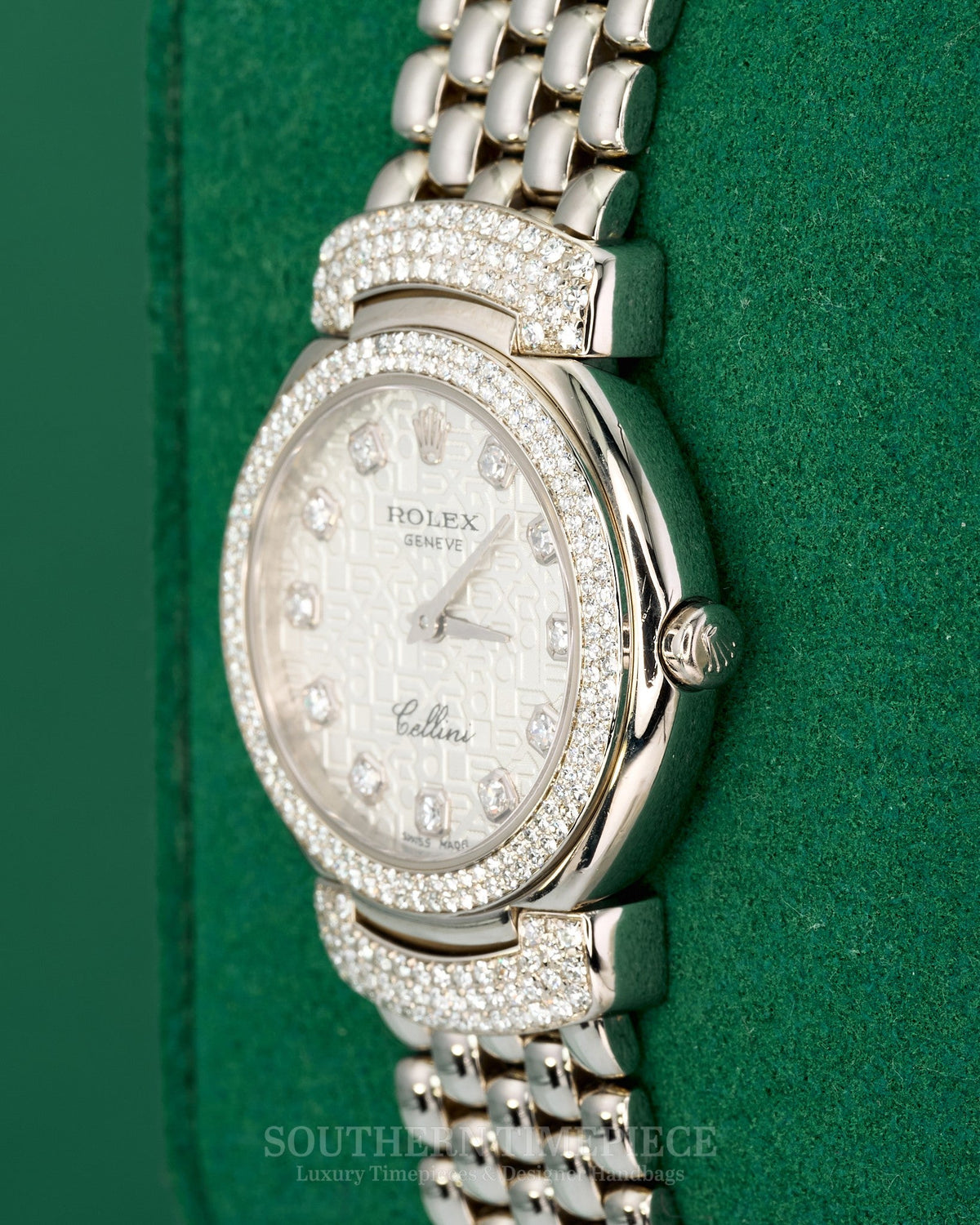 25mm Rolex Cellini Cellissima in Solid 18kt White Gold with Factory Pave Diamonds and Silver Anniversary Diamond Dial (Ref: 6673)(Year: 2007)