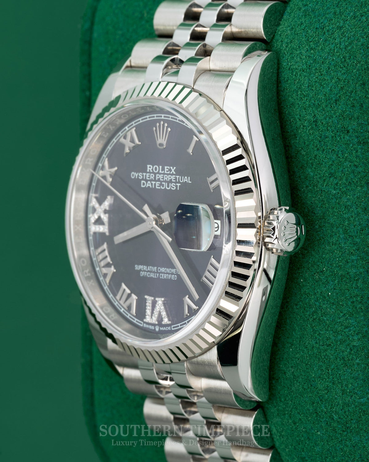 36mm Rolex Datejust in Oystersteel and 18kt White Gold with Factory Purple Diamond Dial on Jubilee (Ref: 126234)(Year: 2021)(Box & Papers)
