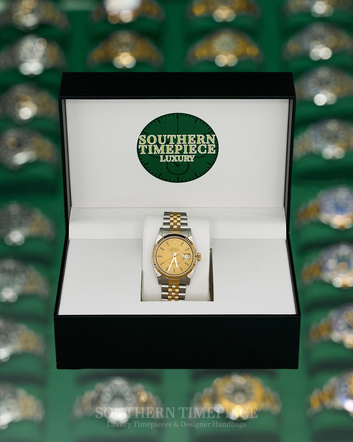 36mm Rolex Datejust with Champagne Stick Dial in 18kt Yellow Gold and Stainless on Jubilee (Ref: 16233)(Year: 1990)