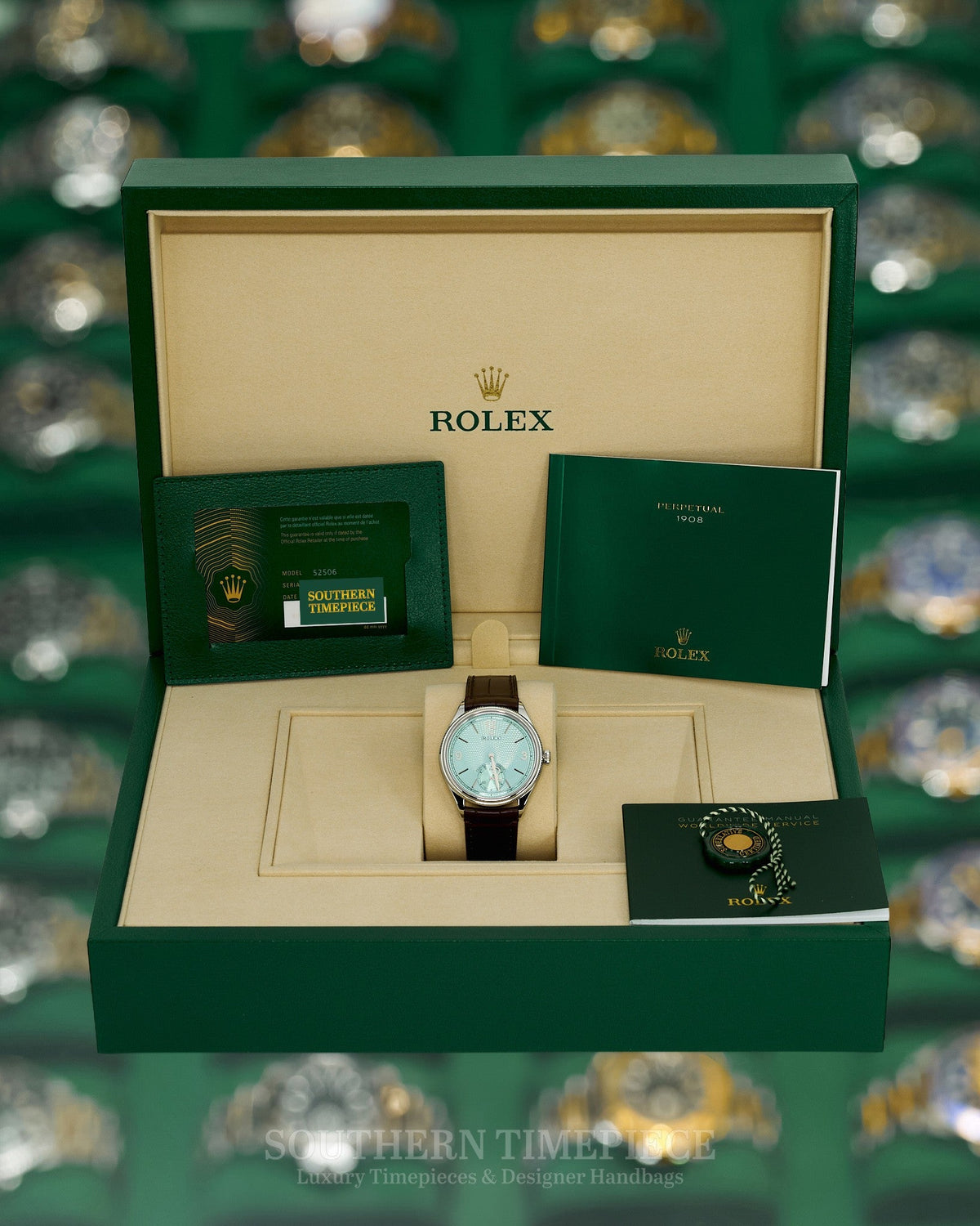 Brand New 2026 39mm Rolex 1908 in Solid Platinum with Ice Blue Dial on Brown Alligator Leather Strap (Ref: 52506)(Year: 2026)(Box & Papers)