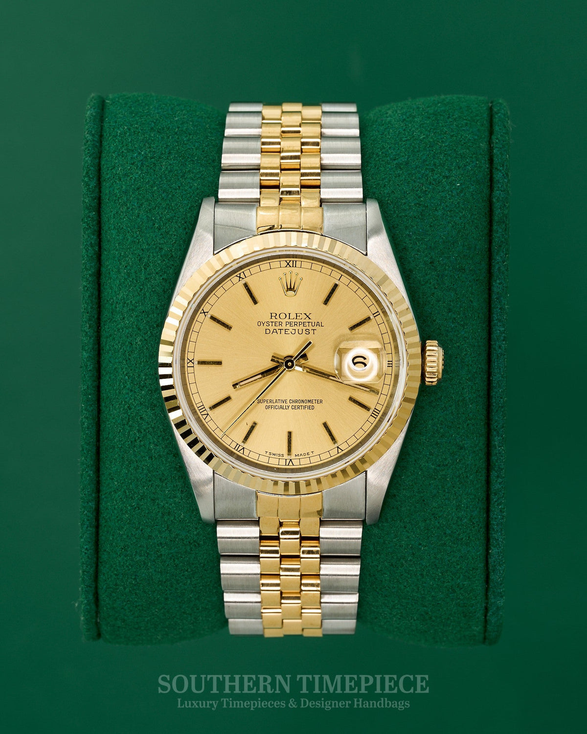 36mm Rolex Datejust with Champagne Stick Dial in 18kt Yellow Gold and Stainless on Jubilee (Ref: 16233)(Year: 1991)