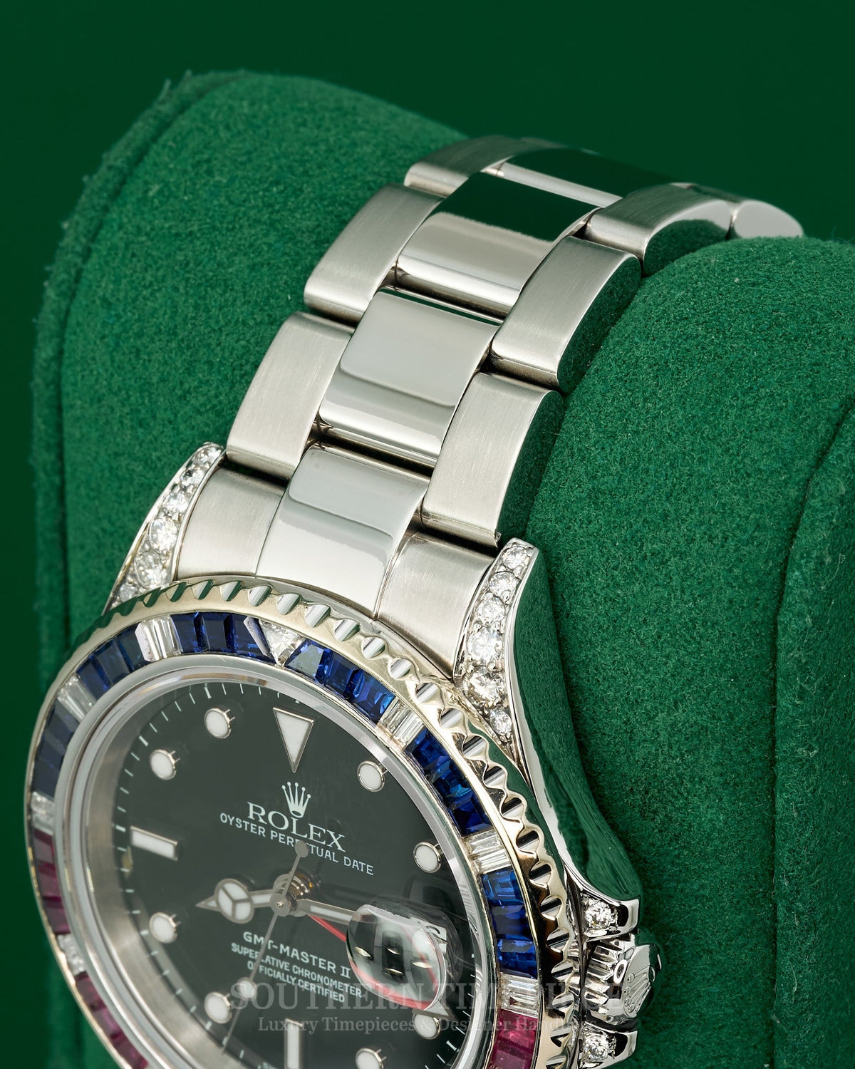 40mm Rolex GMT-Master II with Custom Diamond/Ruby/Sapphire Bezel and Diamond Lugs in Stainless Steel on Oyster (Ref: 16710)(Year: 2003)