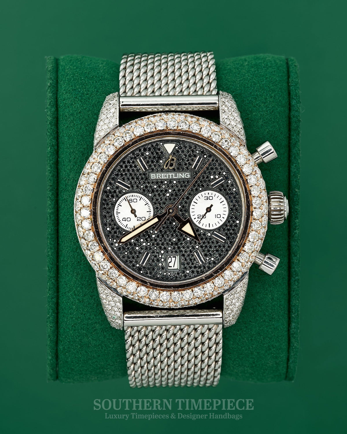 44mm Breitling Superocean Chronograph in 18kt Rose Gold and Steel with Custom Black Diamond Dial and Diamond Bezel/Lugs (Ref: U23370)(Year: ~2012-16)