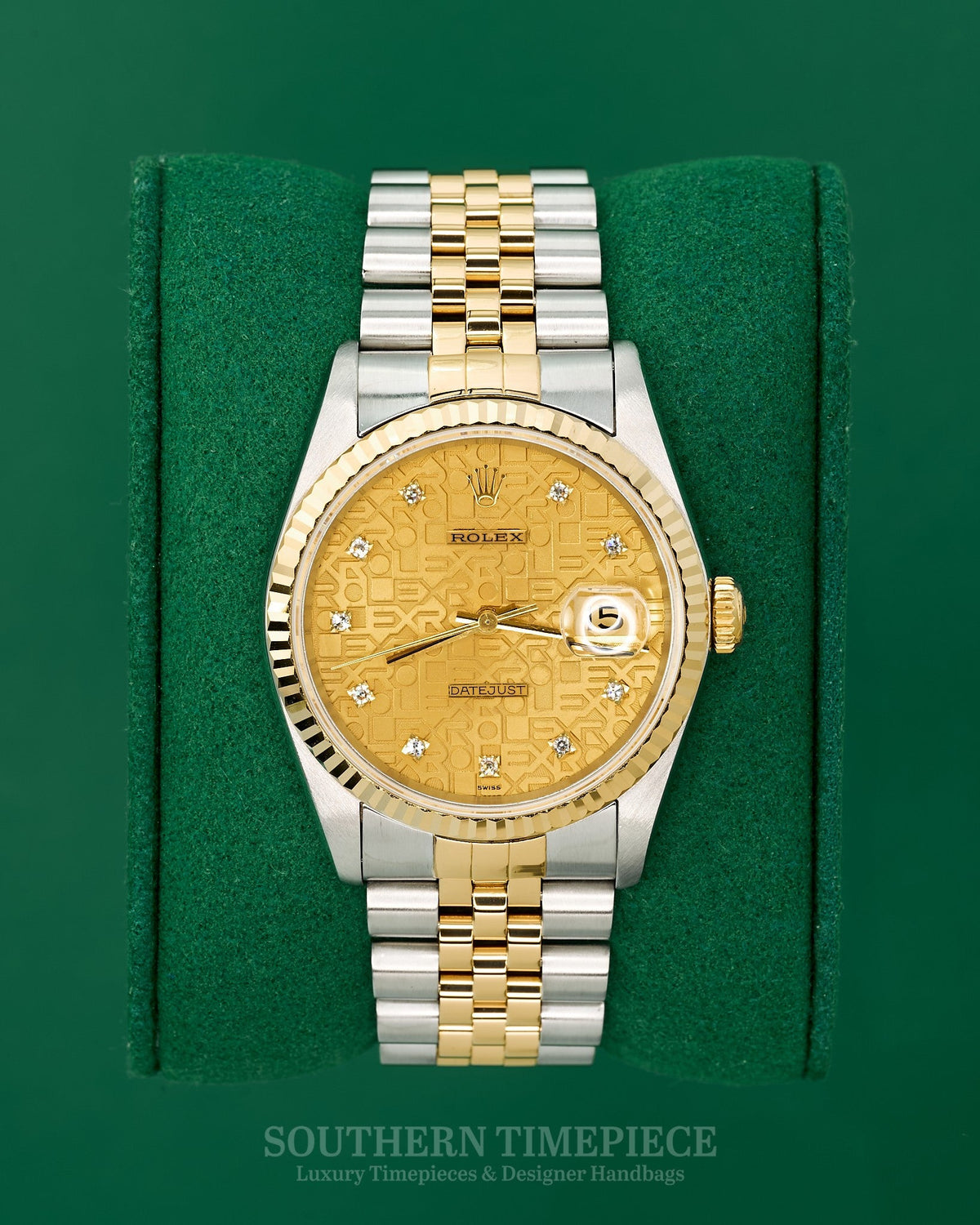36mm Rolex Datejust in 18kt Yellow Gold and Stainless with Rare Factory Champagne Anniversary Diamond Dial on Jubilee (Ref: 16233)(Year: 1989)