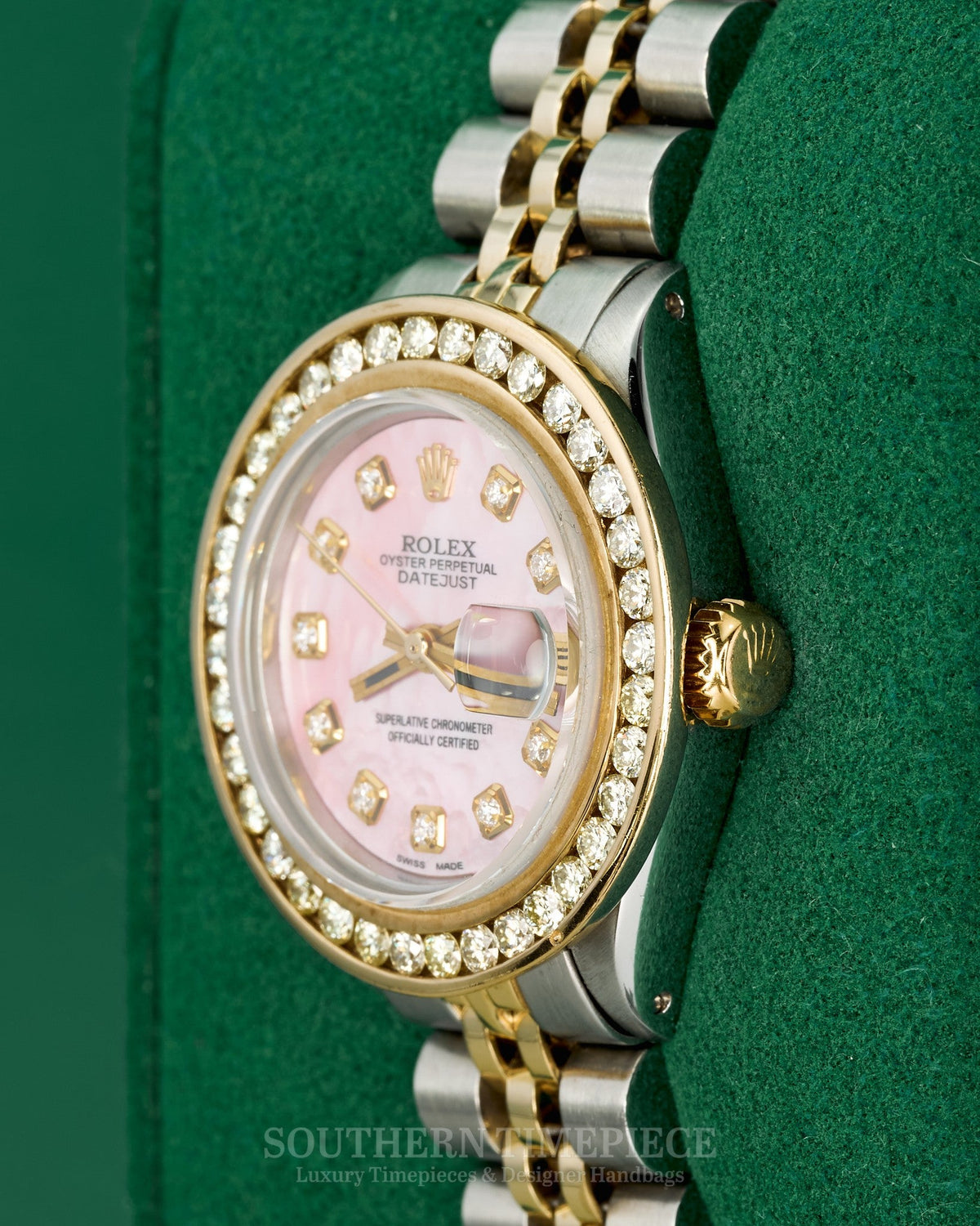 26mm Rolex Datejust in Yellow Gold and Stainless with Custom Pink Mother of Pearl Diamond Dial and Diamond Bezel (Ref: 6917)(Year: 1976)