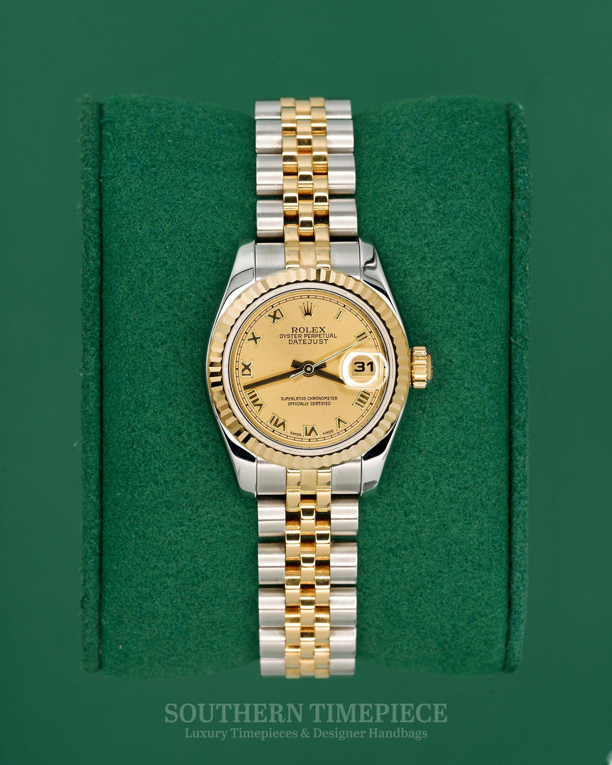 26mm Rolex Datejust with Champagne Roman Dial in 18kt Yellow Gold and Stainless on Jubilee (Ref: 179173)(Year: 2005)