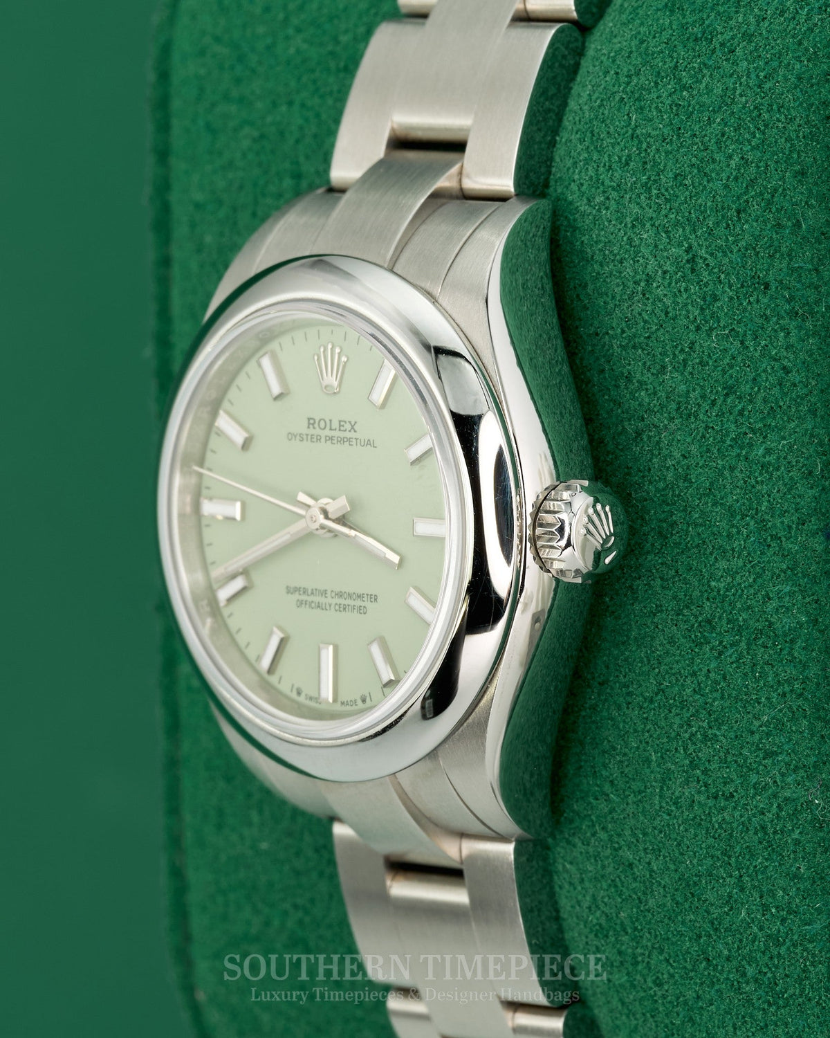Brand New 2026 28mm Rolex Oyster Perpetual "Pistachio" in Stainless Steel on Oyster (Ref: 276200)(Year: 2026)(Box & Papers)