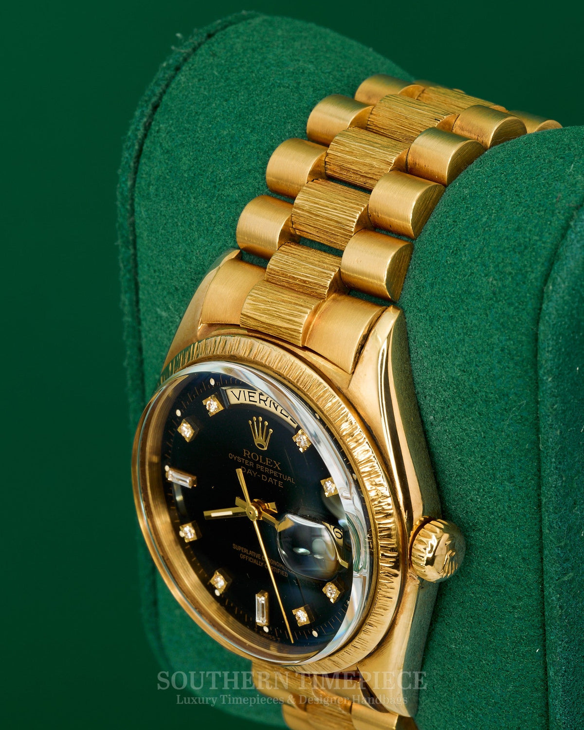 36mm Rolex Day-Date President with a Custom Blk Dia Dial in 18kt Yellow Gold/Bark/Rare Spanish Date Wheel (Ref: 1807)(Year: 1967)(Box & Appraisal)