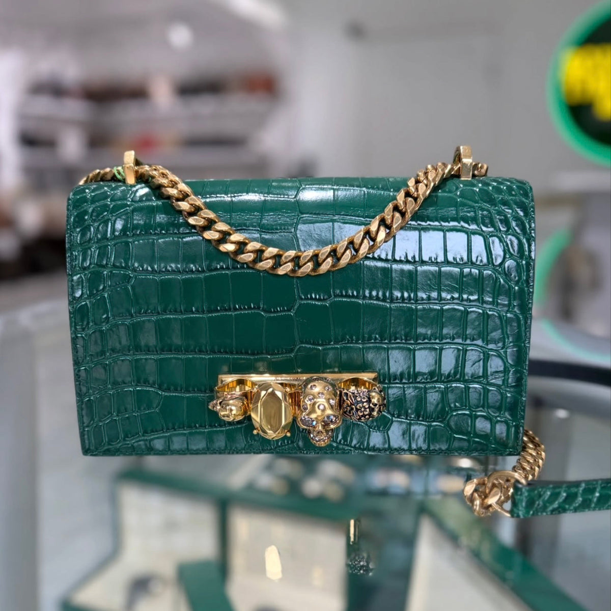 Alexander McQueen Jewelled Satchel - Shiny Emerald Crocodile Embossed Calfskin Leather