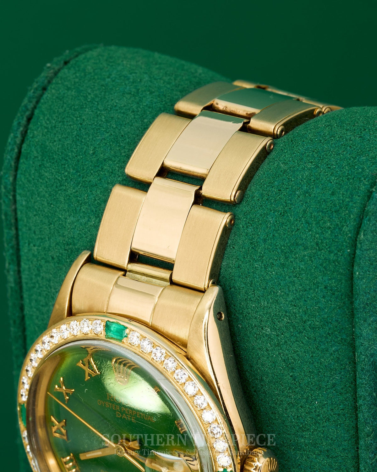 34mm Rolex Date in Solid 14kt Yellow Gold with a Custom Green Roman Numeral Dial and Diamond/Emerald Bezel (Ref: 15007)(Year: 1981)