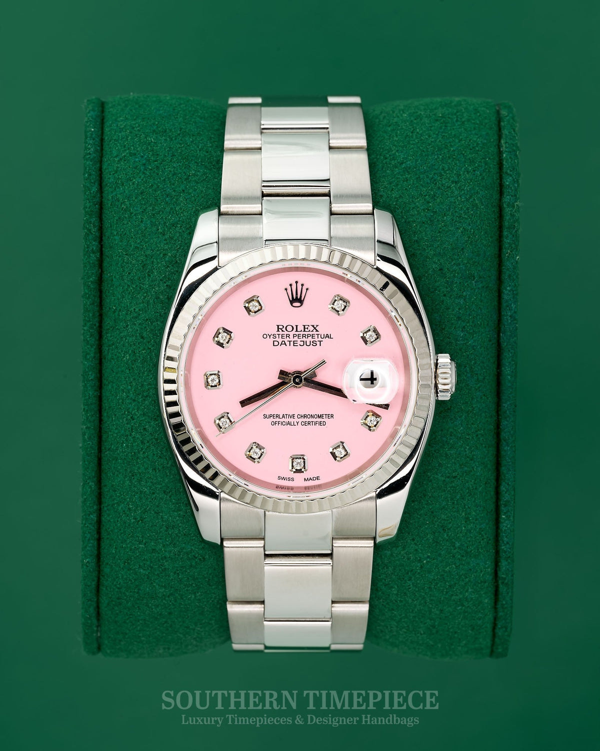 36mm Rolex Datejust with Custom Pink Diamond Dial and Fluted Bezel in Stainless Steel on Oyster (Ref: 116234)(Year: 2005)(Box & Appraisal)