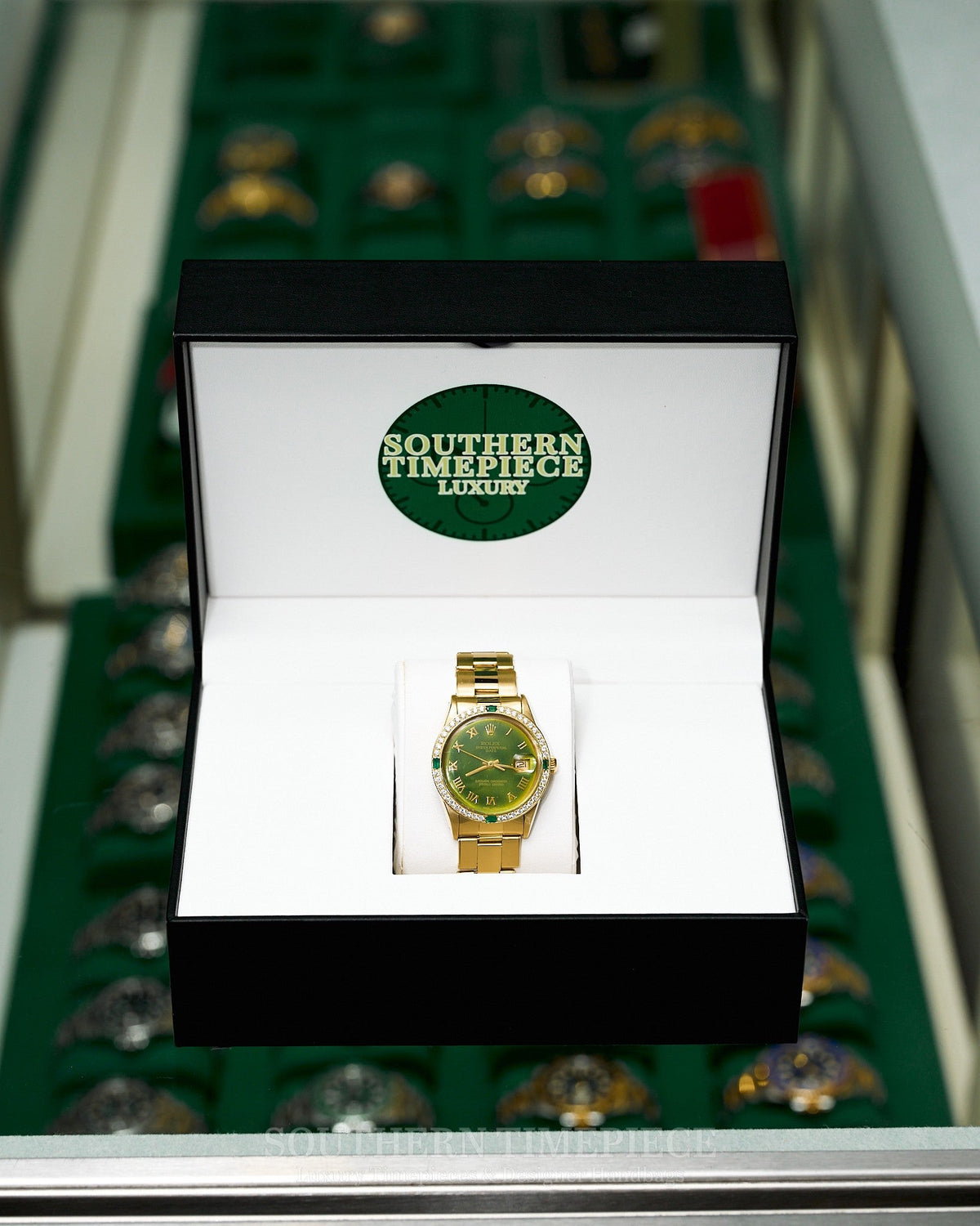 34mm Rolex Date in Solid 14kt Yellow Gold with a Custom Green Roman Numeral Dial and Diamond/Emerald Bezel (Ref: 15007)(Year: 1981)