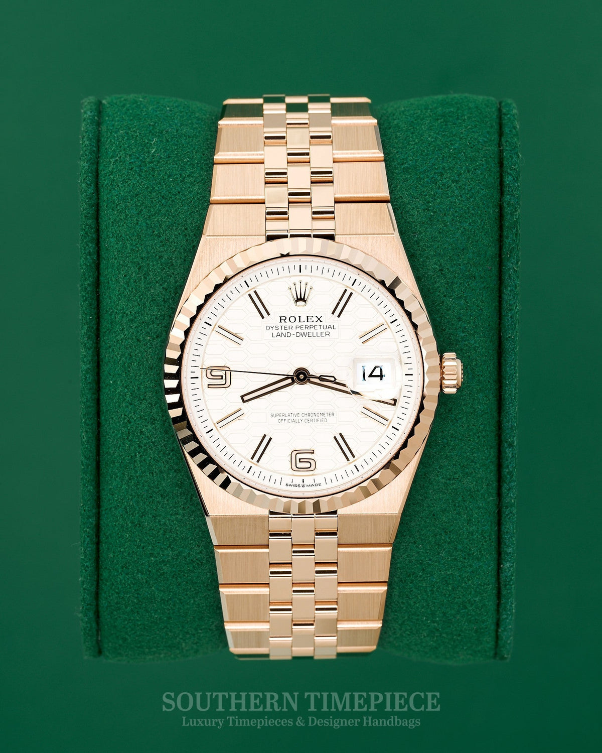 Brand New 2026 36mm Rolex Land-Dweller in Solid 18kt Rose Gold with White Honeycomb-Motif Dial (Ref: 127235)(Year: 2026)(Box & Papers)