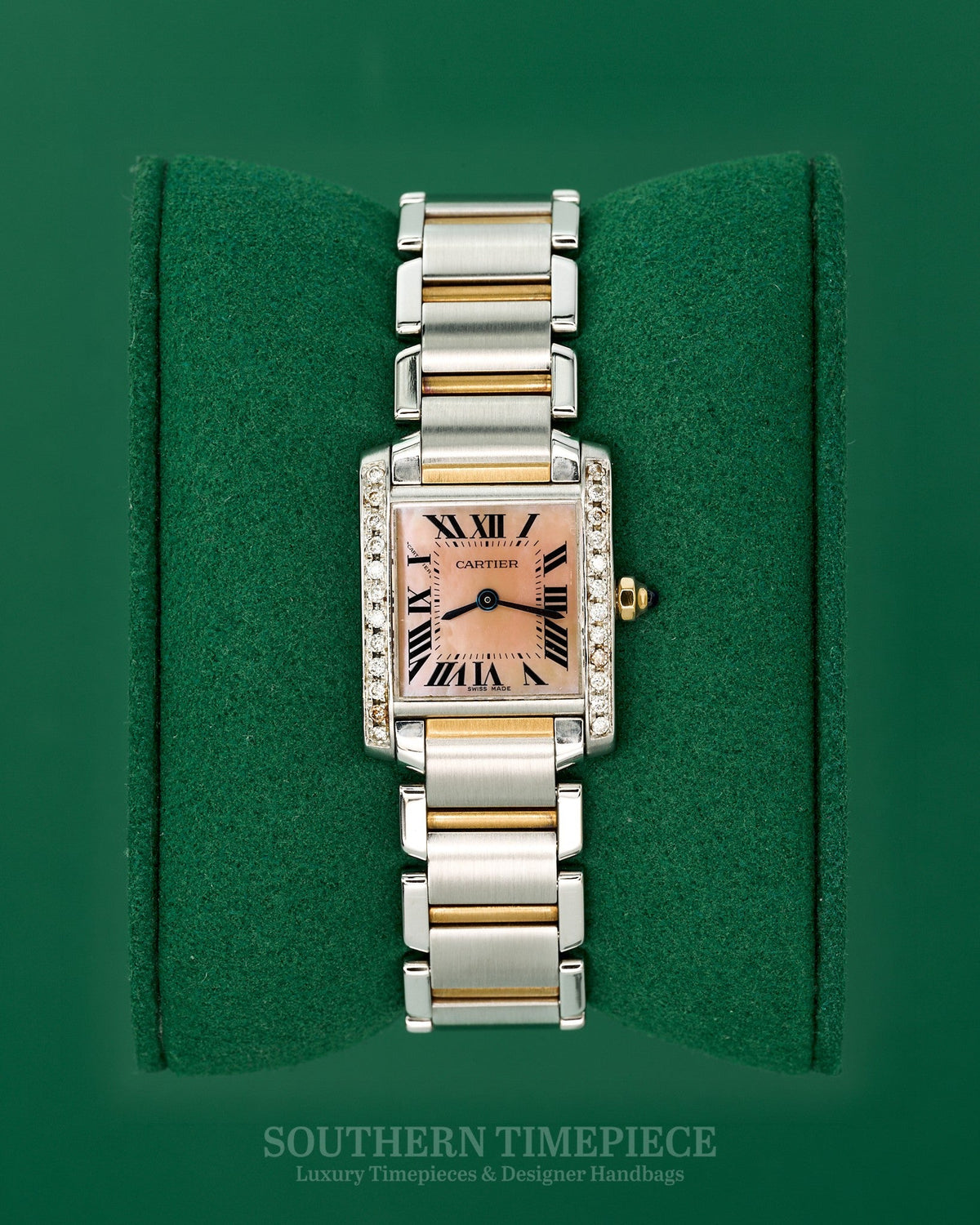 25mm Cartier Tank Francaise Small in 18kt Yellow Gold & Stainless with Pink Mother of Pearl Dial and Custom Diamonds (Ref: W51007Q4)(2000's-2010's)