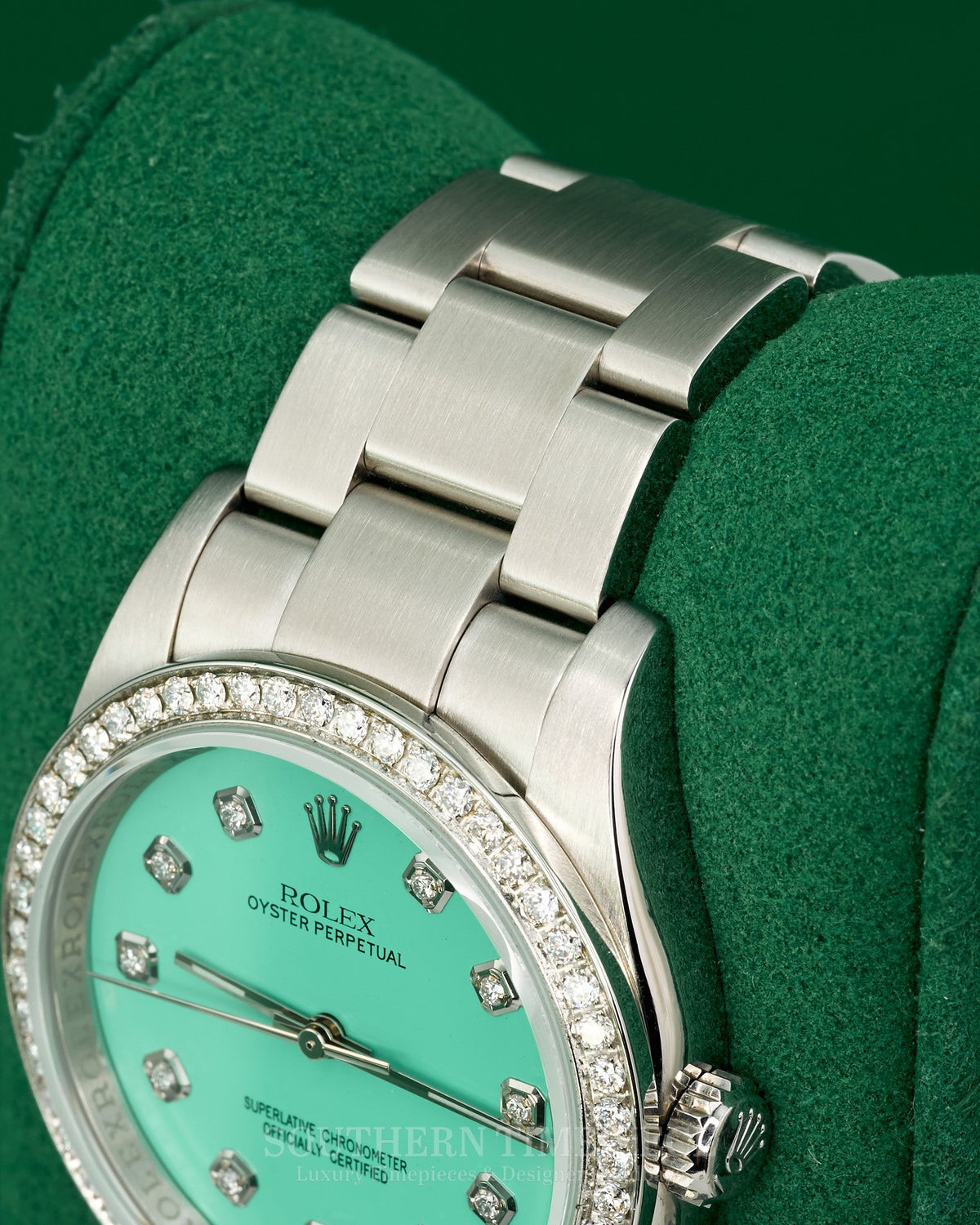 36mm Rolex Oyster Perpetual with a Custom Tiffany Blue Diamond Dial and Diamond Bezel on Oyster (Ref: 116000)(Year: 2008)