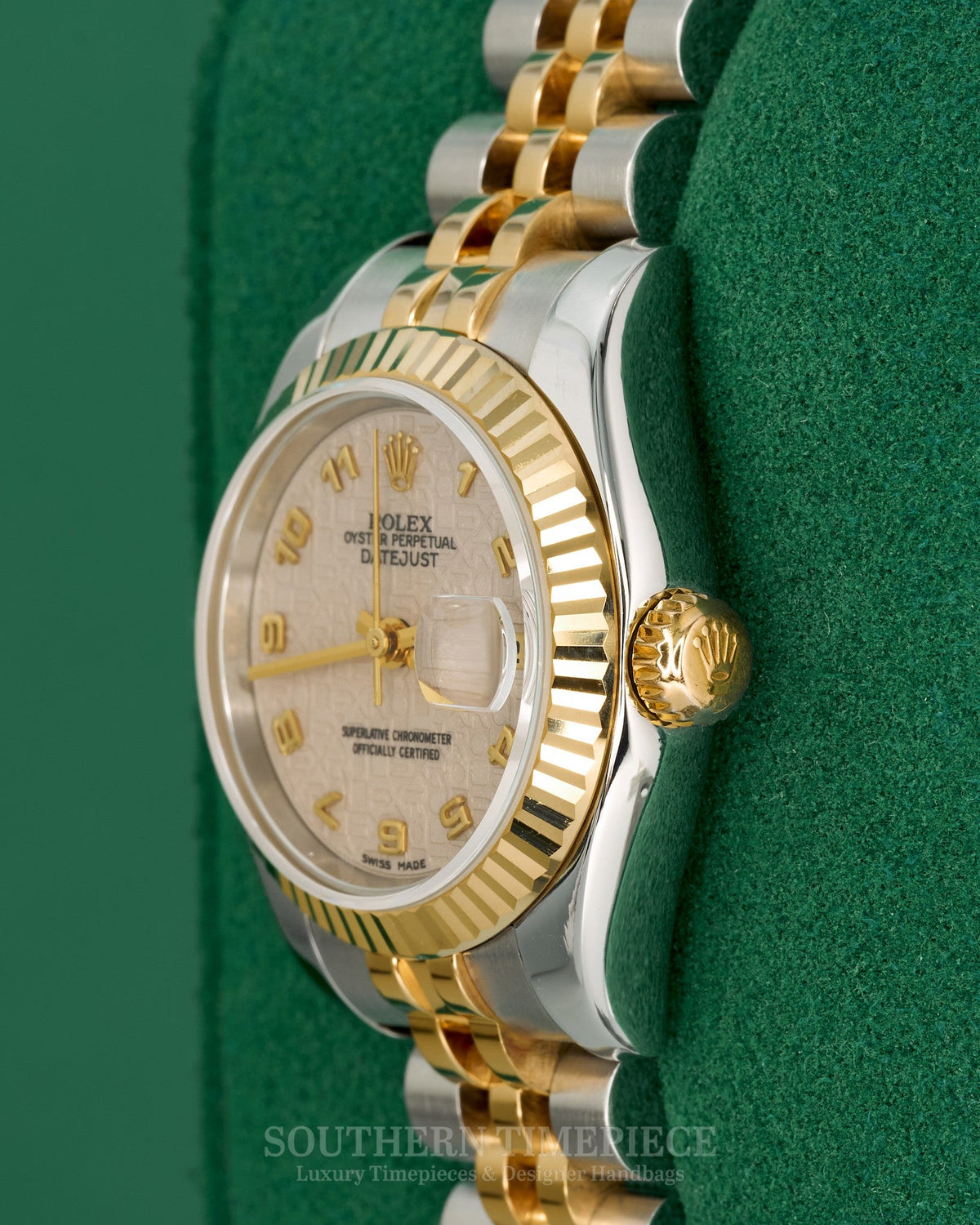 26mm Rolex Datejust with Cream Anniversary Arabic Dial in 18kt Yellow Gold and Stainless on Jubilee (Ref: 179173)(Year: 2004)