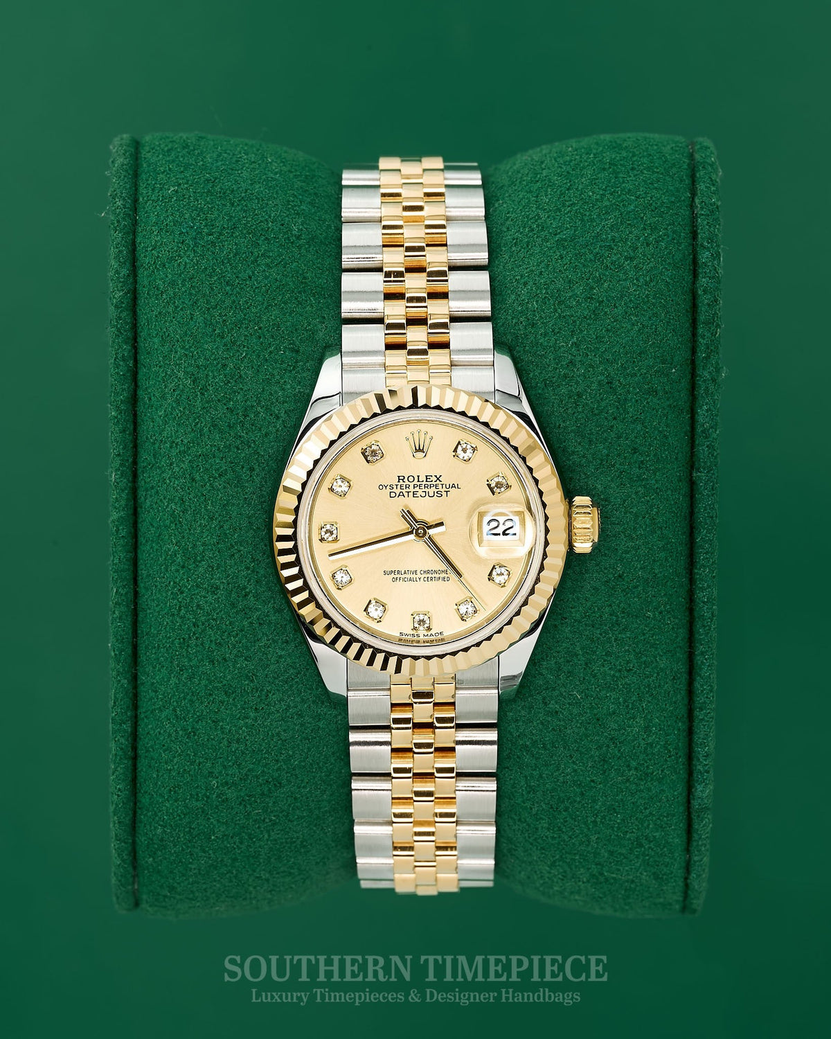 28mm Rolex Datejust with Factory Champagne Diamond Dial in 18kt Yellow Gold and Stainless on Jubilee (Ref: 279173)(Year: 2017)(Box & Papers)