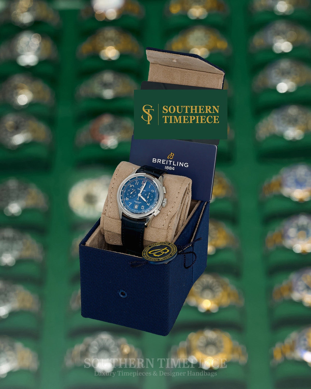 42mm Breitling Premier B01 Chronograph featuring a Blue Dial on Blue Leather (Ref: AB0145)(Year: 2023-Now)(Box)
