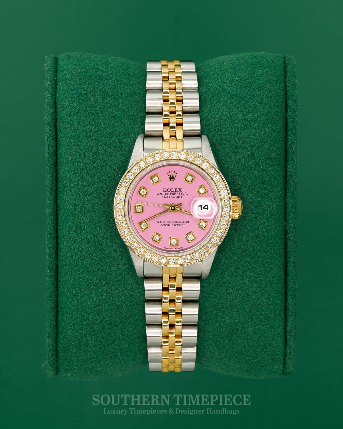 26mm Rolex Datejust with Custom Barbie Pink Diamond Dial and Diamond Bezel in 18kt Yellow Gold and Stainless (Ref: 69173)(Year: 1984)