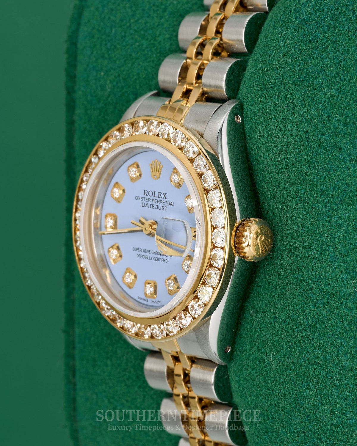 26mm Rolex Datejust with Custom Lilac Diamond Dial and 1.3 cttw Diamond Bezel in 18kt Yellow Gold and Stainless (Ref: 69173)(Year: 1988)