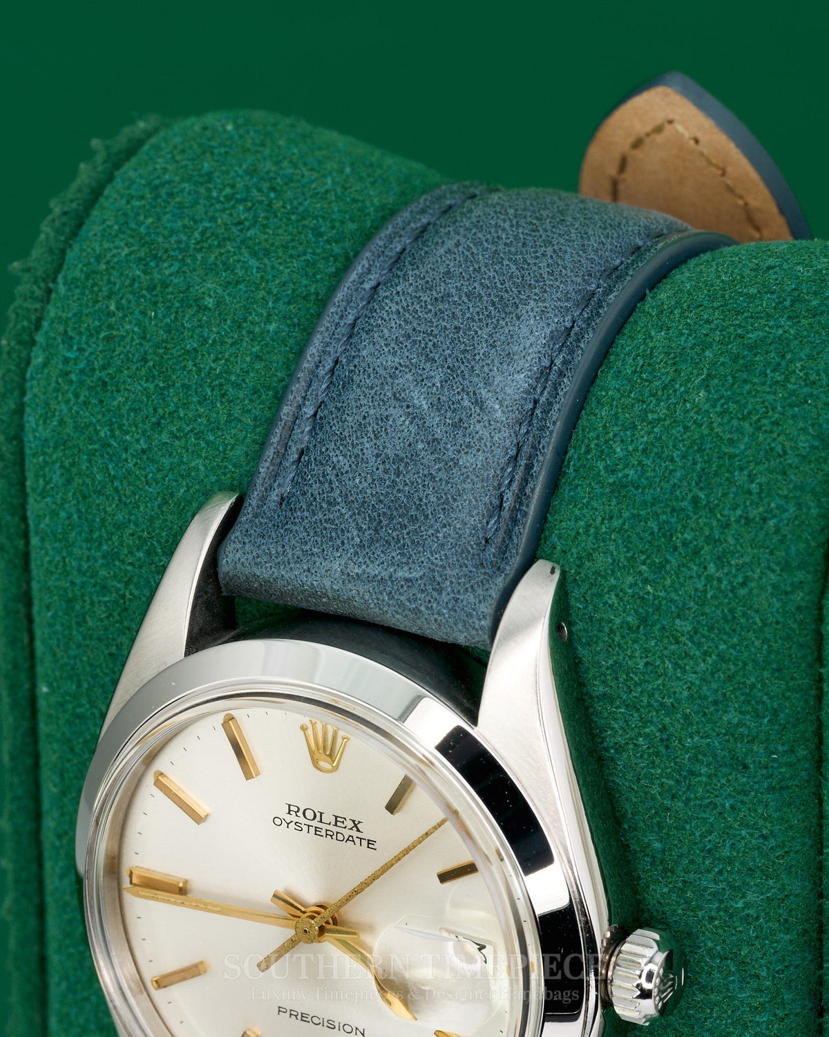 34mm Rolex Oysterdate Precision with Silver Stick Dial on Custom Blue Leather Strap (Ref: 6694)(Year: 1975)
