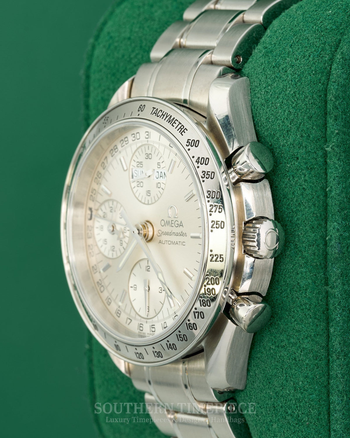 39mm Omega Speedmaster Triple Date Chronograph with Silver Dial in Stainless Steel (Ref: 3523.30)(Year: ~1999-2007)