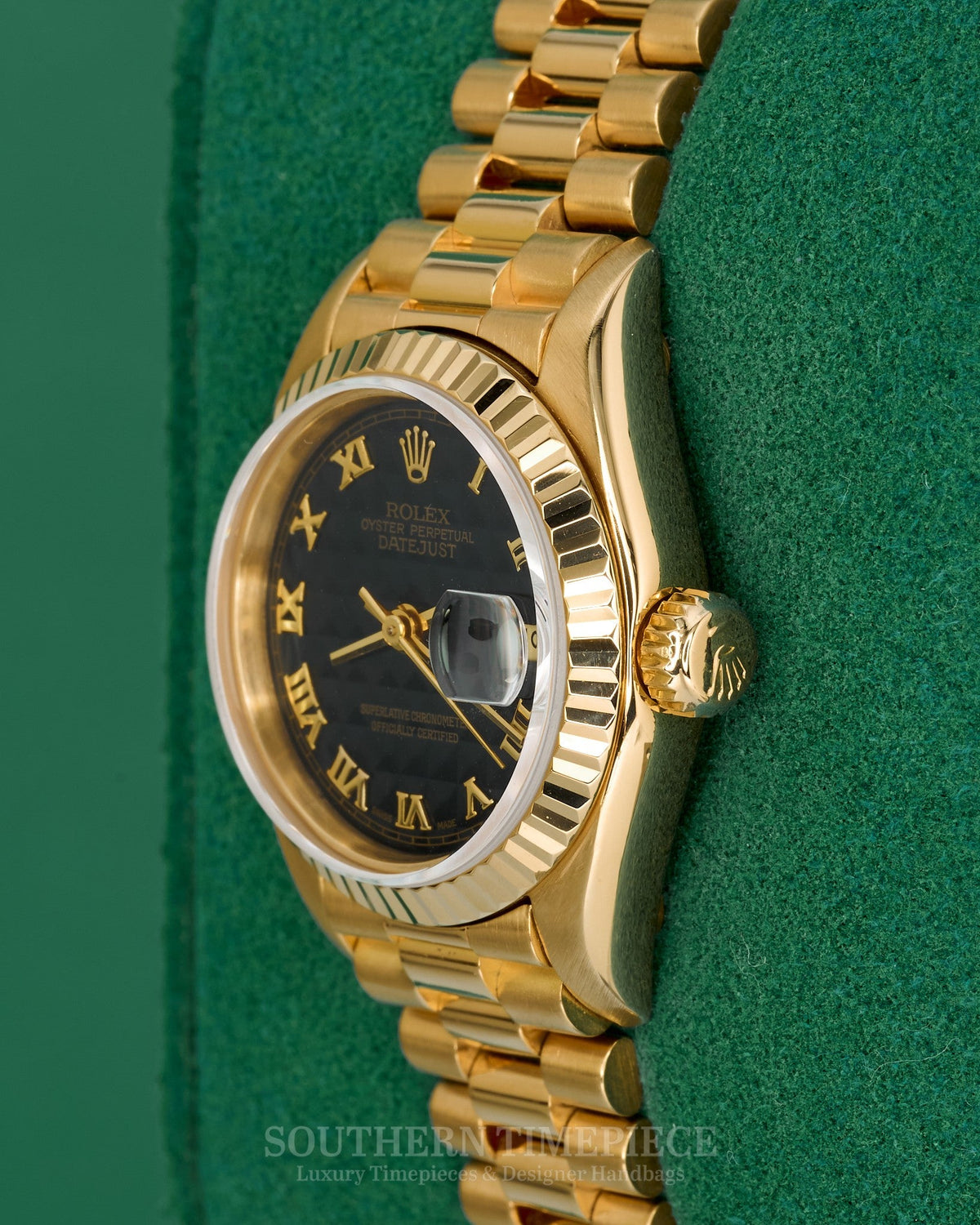 26mm Rolex Datejust "President" with Rare Black Pyramid Dial in Solid 18kt Yellow Gold (Ref: 69178)(Year: 1992)(Box & Papers)
